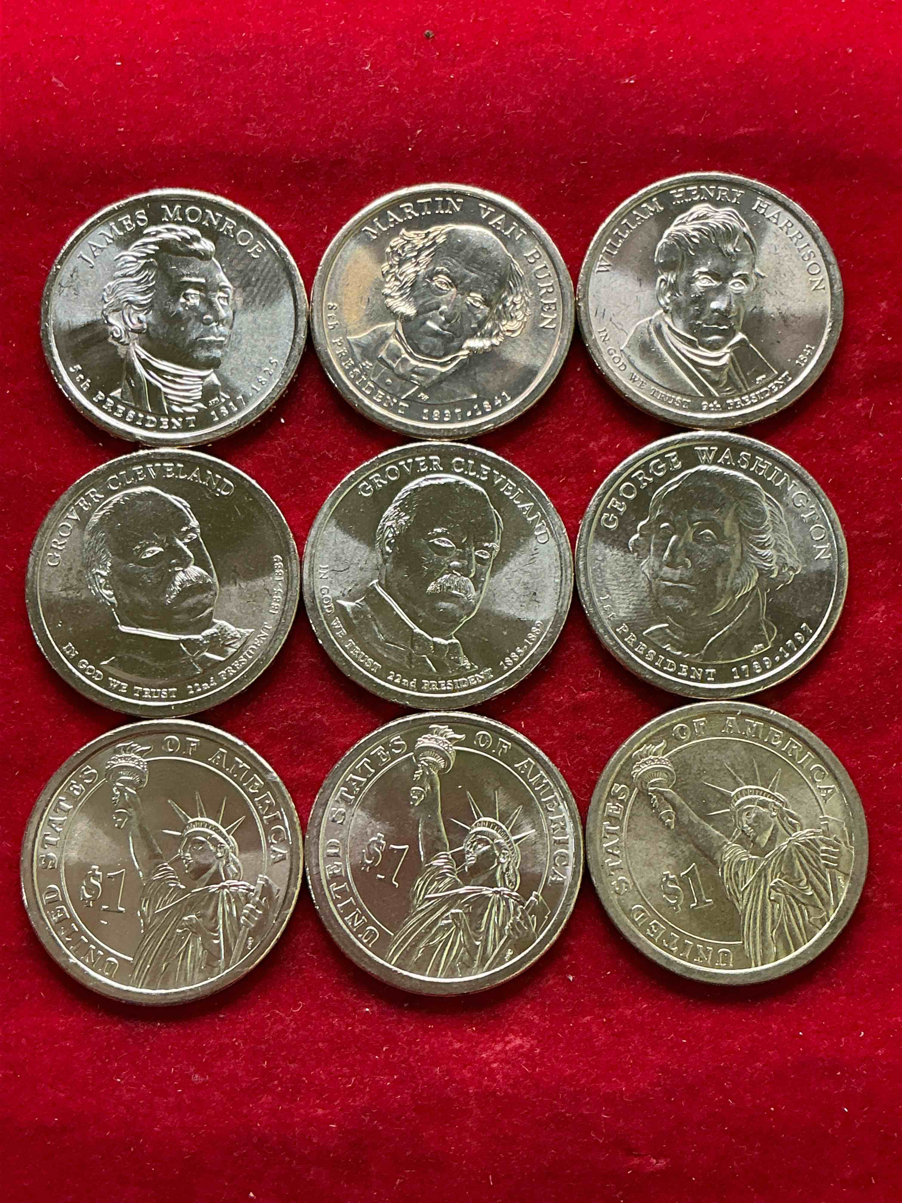 presidential one dollar coins! these coins are in good condition, and some of the most collectible coins out there! rare, one dollar coins featuring george washington, grover cleveland, van buren & more!