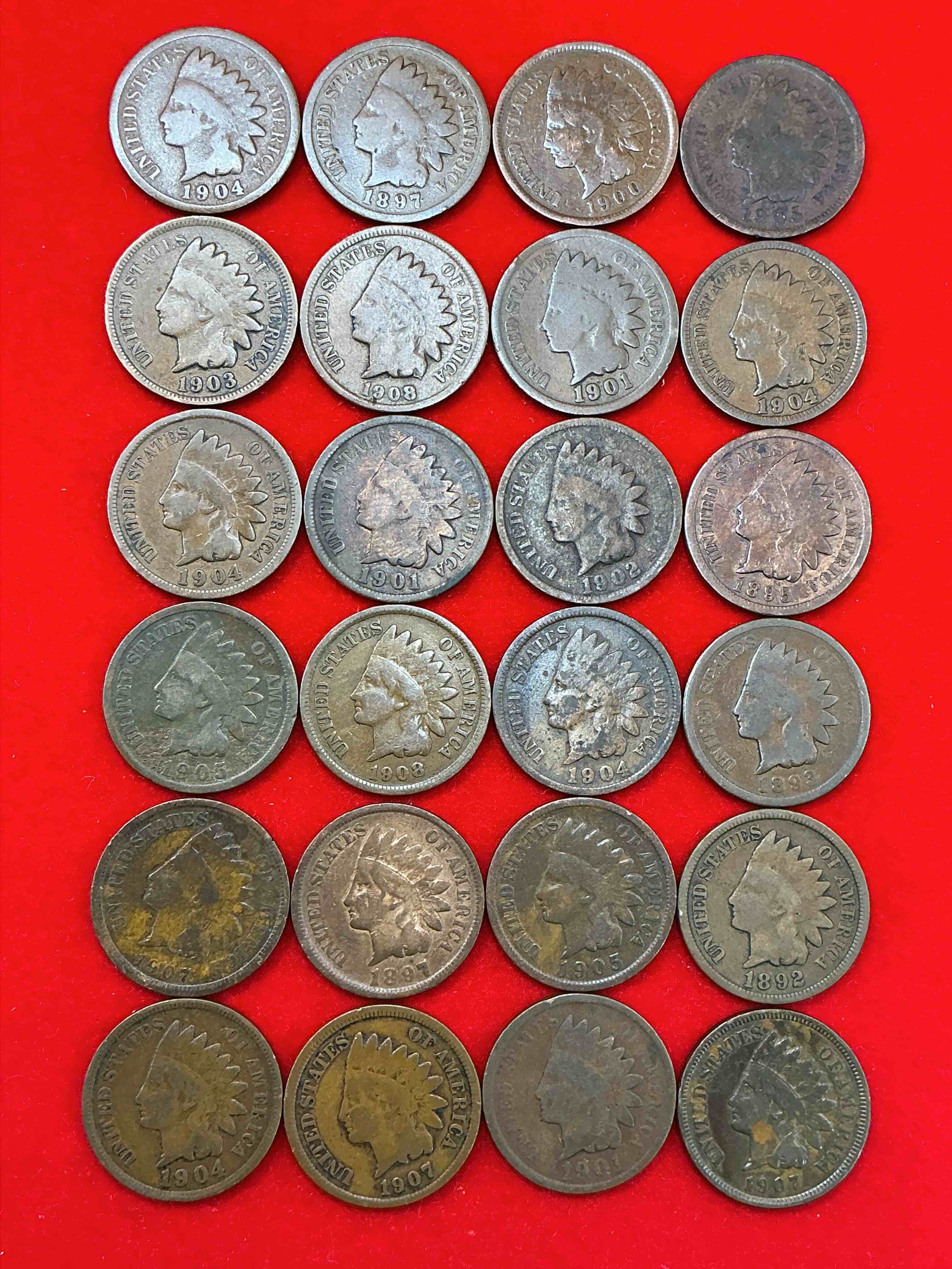 Indian Head Pennies! Lot Of 24 Date-On Beauties! These Gorgeous U.S. Pennies Were Minted From 1859-1909 & Have Become Serious Collector Items! The "Indian Head" Design Is Actually A Representation Of Lady Liberty Wearing An Indian Headdress. This 24 Count Lot Are Beautiful, Well-Kept Examples Representing Many Different Mint Years! Great For Collecting, Investing & Learning History, & Rare With Visible Dates!