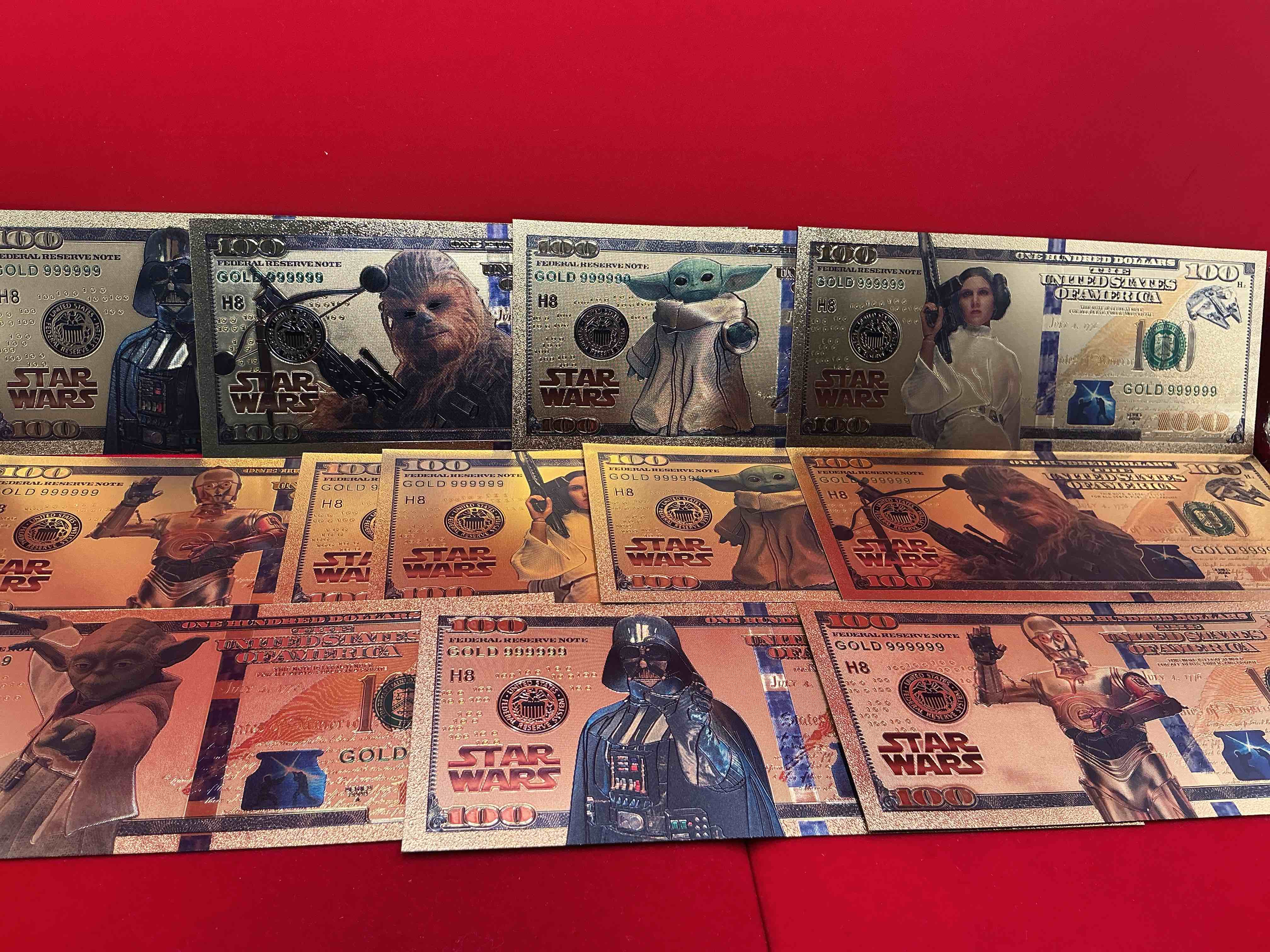 Gold Star Wars Novelty Dollars! Lot Of 12 Semi-Rigid Gold Novelty Dollars, Star Wars, Darth Vader, Yoda, C3PO & More! Features Many Of The Most Epic Characters Of The Empire And Rebellion! This 12 Count Lot Is Extremely Hard To Find & Provides Serious Collecting Fun!