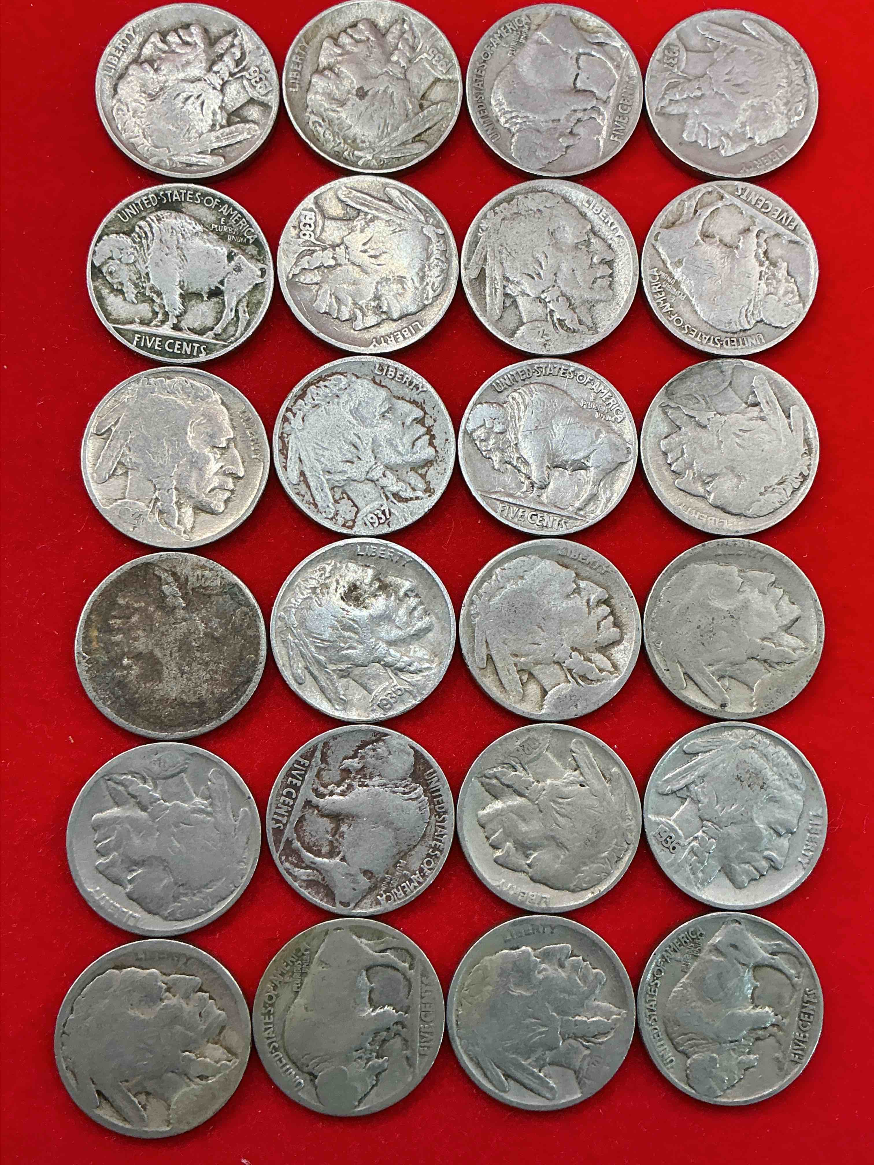 Historic Buffalo Nickels! Lot Of 24, Date-On WOW!  Indian Head Buffalo Nickels Were Minted From 1913 To 1938 & Have Become A Favorite For Coin Collectors Around The World! Own Pieces Of American History With These Cool Indian Head Buffalo Nickels In Circulated Condition, Most With Visible Dates Which Is Very Rare For Buffalo Nickels!