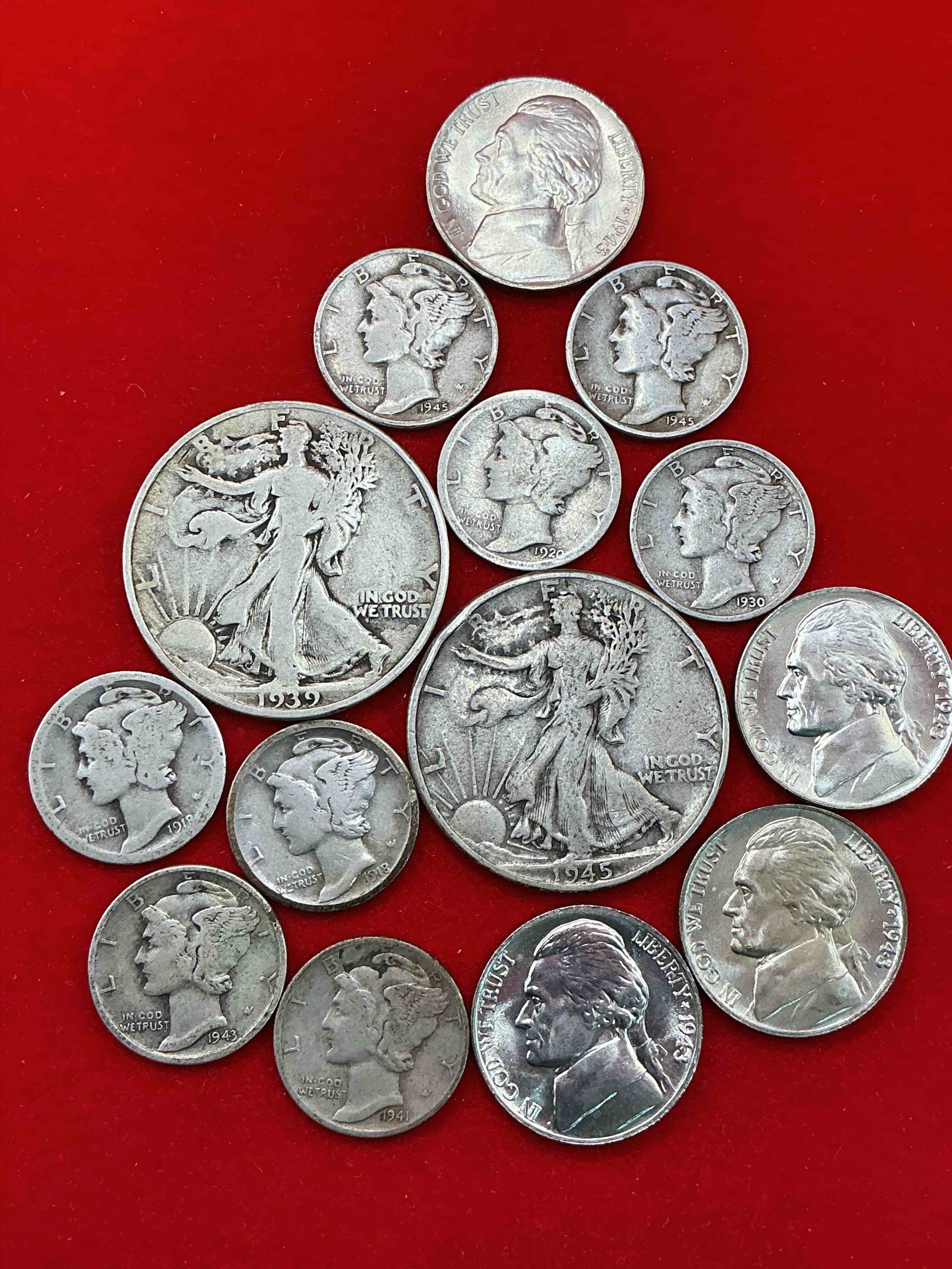 World War SILVER WOW!  12 Count Lot Of World War One (1914-1918) & World War II (1939-1945) Era Silver Coins, All Silver!  Includes 90% Silver Walking Liberty Half Dollars & Mercury Dimes & Partial Silver Uncirculated War Nickels!  Very Hard To Collect & An Awesome Investment In World War Era Antique Fine U.S. Silver!