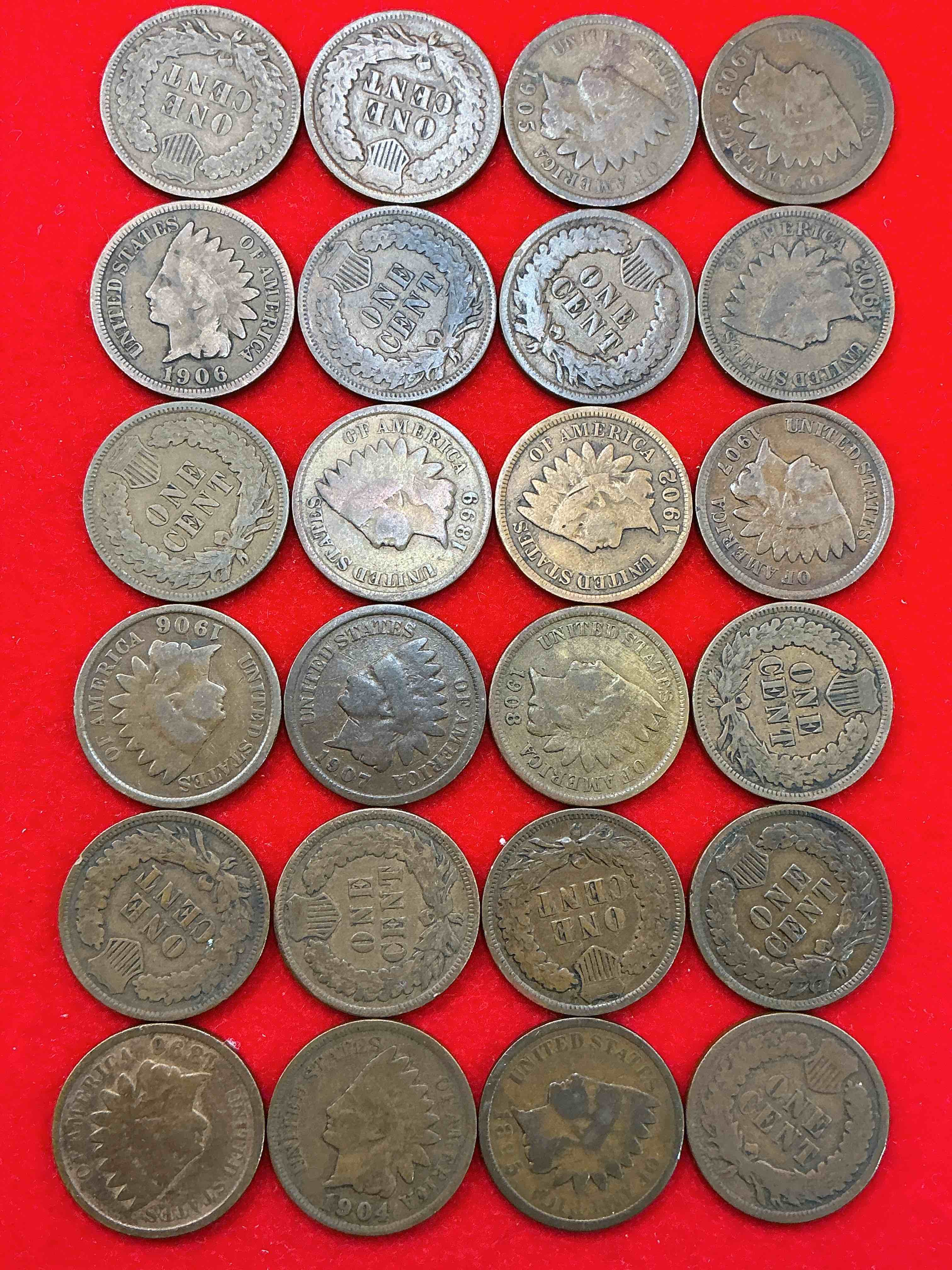 Indian Head Pennies! Lot Of 24 Date-On Beauties!  These Gorgeous U.S. Pennies Were Minted From 1859-1909 & Have Become Serious Collector Items! The "Indian Head" Design Is Actually A Representation Of Lady Liberty Wearing An Indian Headdress. This 24 Count Lot Are Beautiful, Well-Kept Examples Representing Many Different Mint Years! Great For Collecting, Investing & Learning History, & Rare With Visible Dates!