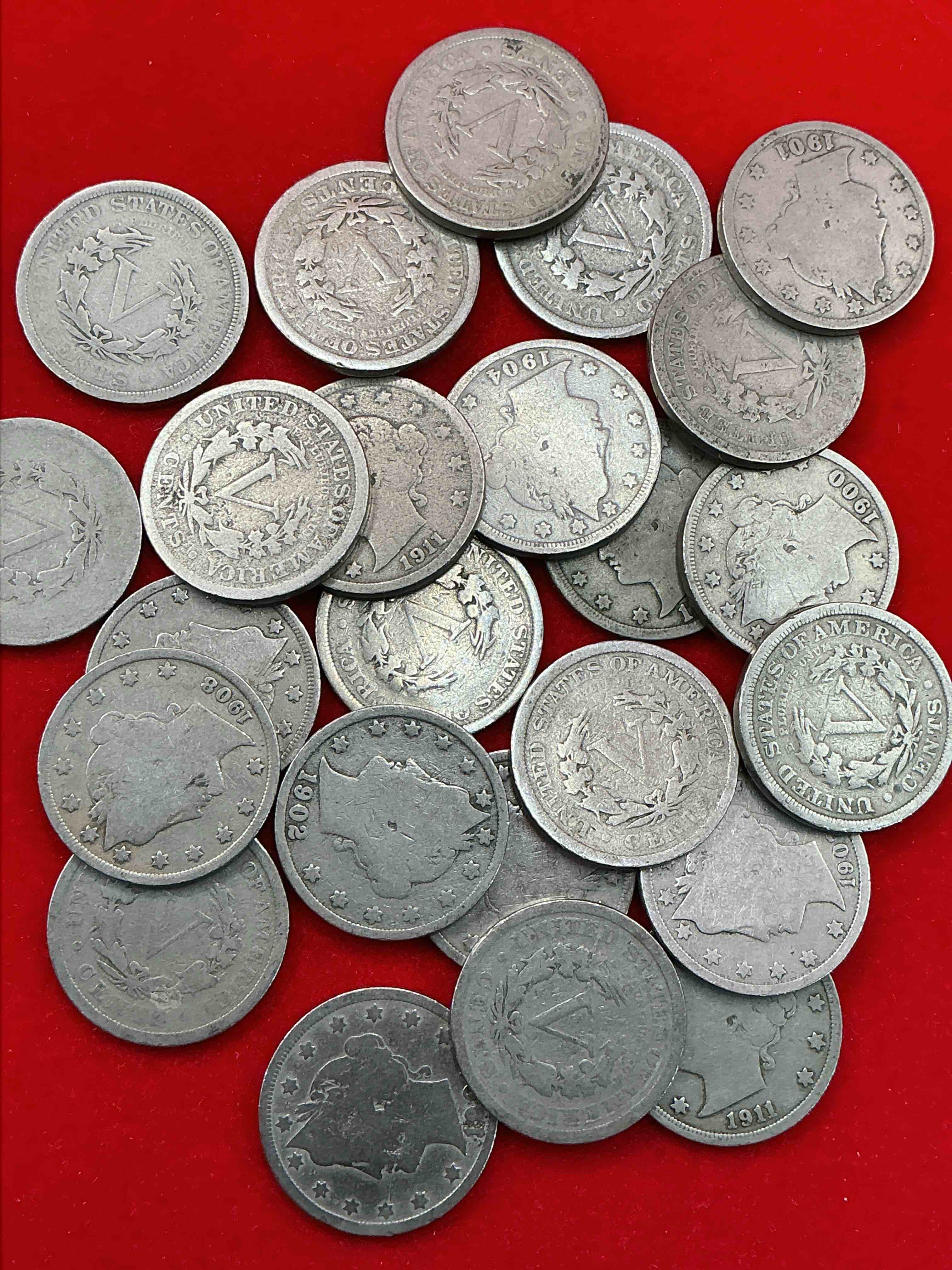 Antique U.S. Liberty Head “V” Nickels!  Date On!  Lot Of 24 “V” Nickels, Minted From 1883 to 1913, In 1913 They Were Replaced With Buffalo Nickels.  24 Count Lot Lot Has Many Different Key Dates & Coins Generally In Excellent Condition For Age!  Think Of The History These Coins Have Seen!  Own Some Cool Pieces Of History!  Rare To See These Coins With The "Date On" In Circulated Condition!