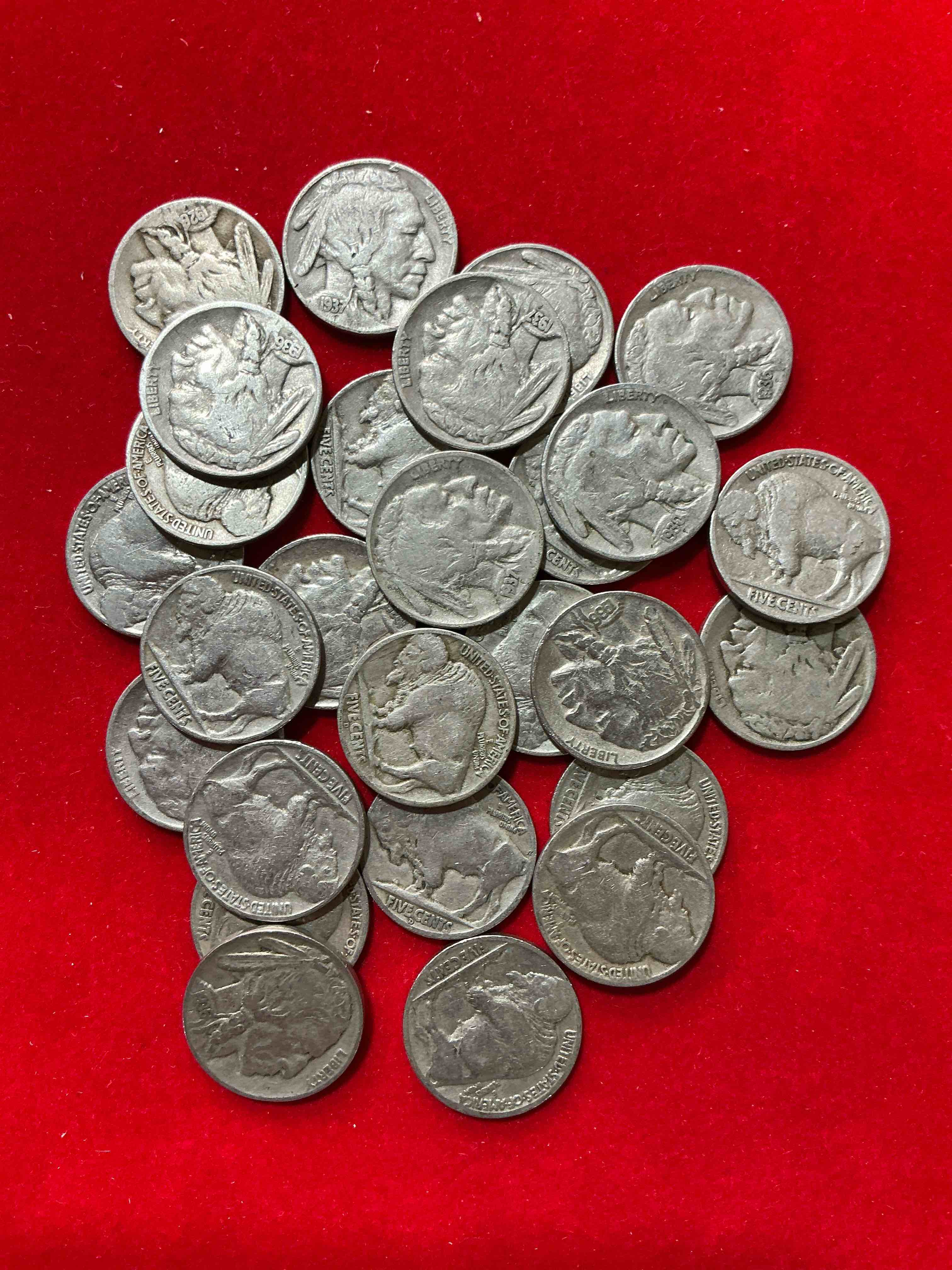 Historic Buffalo Nickels! Lot Of 24, Date-On WOW!  Indian Head Buffalo Nickels Were Minted From 1913 To 1938 & Have Become A Favorite For Coin Collectors Around The World! Own Pieces Of American History With These Cool Indian Head Buffalo Nickels In Circulated Condition, Most With Visible Dates Which Is Very Rare For Buffalo Nickels!