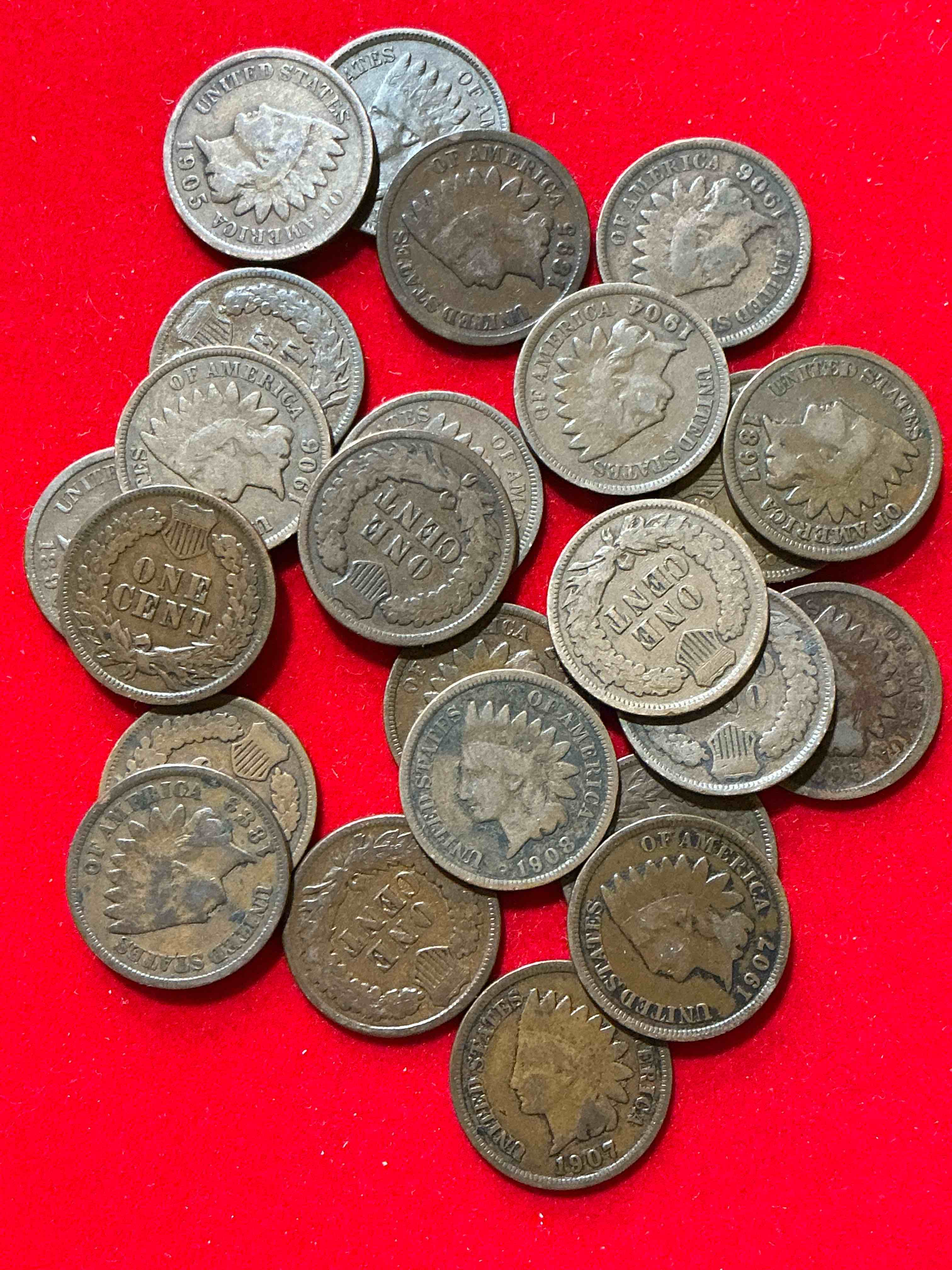 Indian Head Pennies! Lot Of 24 Date-On Beauties!  These Gorgeous U.S. Pennies Were Minted From 1859-1909 & Have Become Serious Collector Items! The "Indian Head" Design Is Actually A Representation Of Lady Liberty Wearing An Indian Headdress. This 24 Count Lot Are Beautiful, Well-Kept Examples Representing Many Different Mint Years! Great For Collecting, Investing & Learning History, & Rare With Visible Dates!