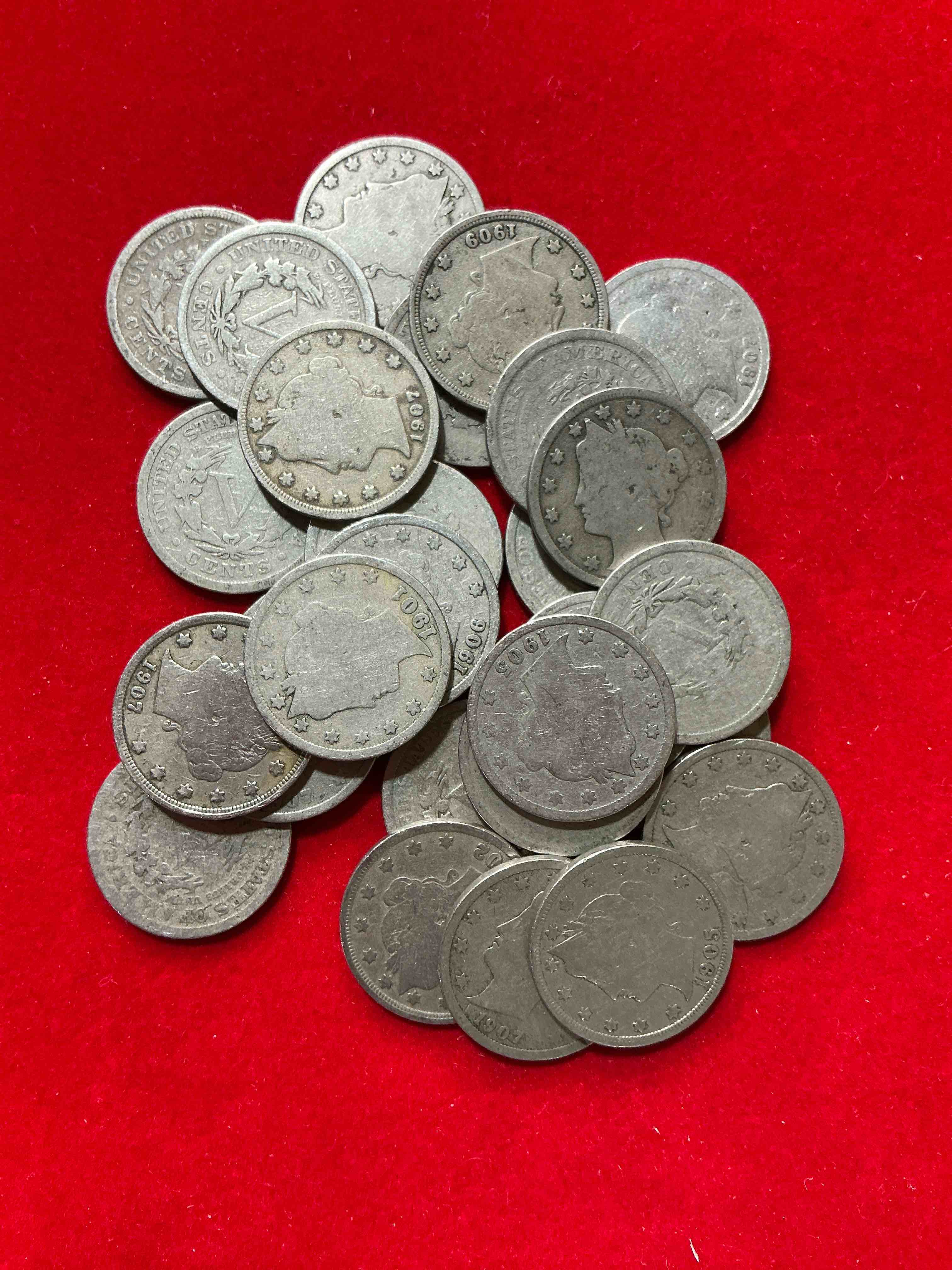 Antique U.S. Liberty Head “V” Nickels!  Date On!  Lot Of 24 “V” Nickels, Minted From 1883 to 1913, In 1913 They Were Replaced With Buffalo Nickels.  24 Count Lot Lot Has Many Different Key Dates & Coins Generally In Excellent Condition For Age!  Think Of The History These Coins Have Seen!  Own Some Cool Pieces Of History!  Rare To See These Coins With The "Date On" In Circulated Condition!