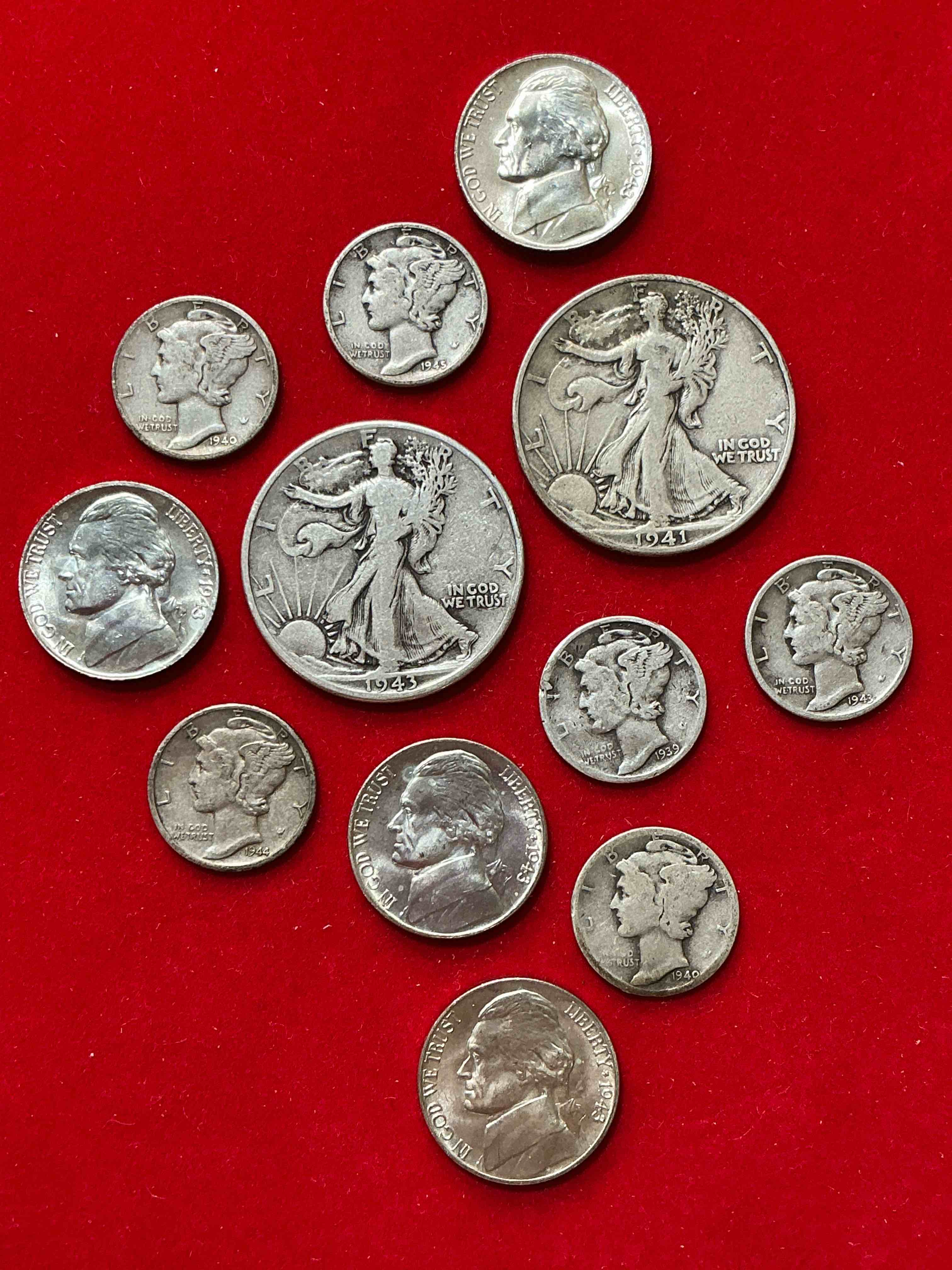World War II SILVER WOW!  12 Count Lot Of World War II Era Coins (1939-45), All Silver!  Includes 90% Silver Half Dollars & Mercury Dimes & Partial Silver Uncirculated War Nickels!  Very Hard To Collect & An Awesome Investment In World War II Antique Fine U.S. Silver!