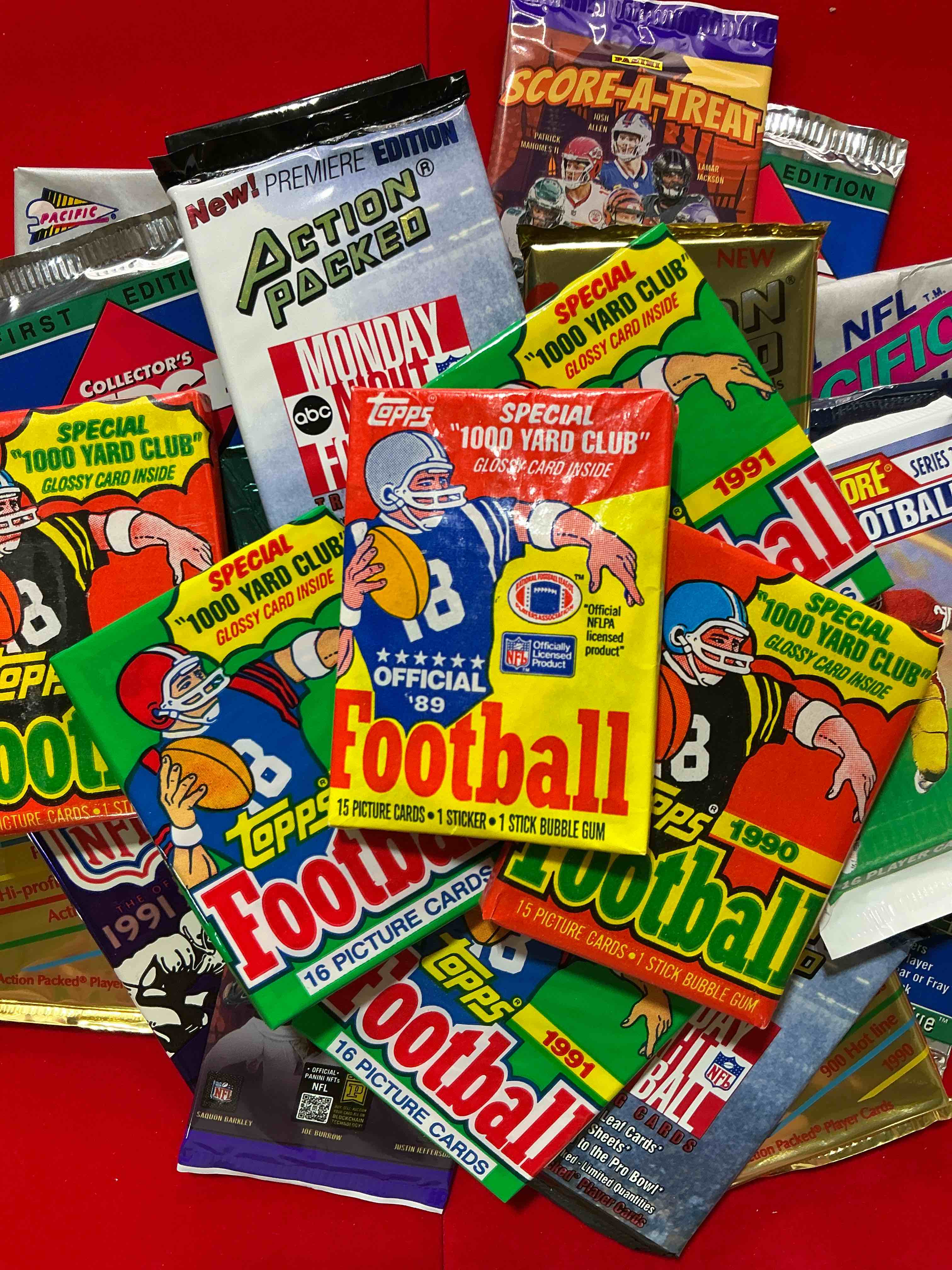 Football Wax WOW!  24 Vintage NFL Football Unopened Wax Packs, All Direct From Original Retail Case!  Search For Stars Throughout The 80’s & 90’s & More!  This 24 Count Lot Truly Has An Incredible Variety Of Football Packs From Many Years Featuring Some Of The Greatest Players Of All Time!  Some Very Rare!  Almost Impossible To Collect!  A Great Opportunity For Collectors & Re-Sellers!