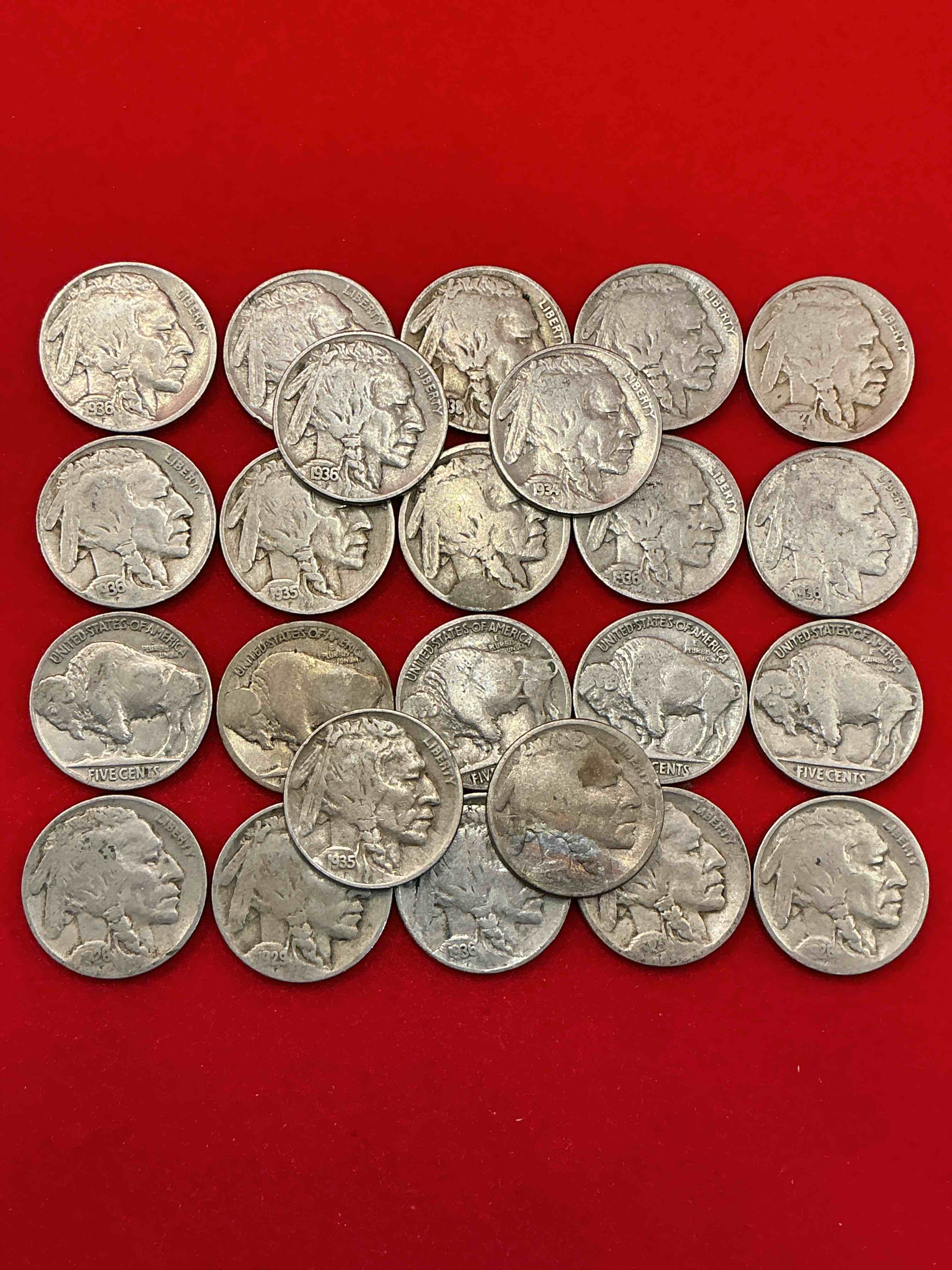 Historic Buffalo Nickels! Lot Of 24, Date-On WOW!  Indian Head Buffalo Nickels Were Minted From 1913 To 1938 & Have Become A Favorite For Coin Collectors Around The World! Own Pieces Of American History With These Cool Indian Head Buffalo Nickels In Circulated Condition, Most With Visible Dates Which Is Very Rare For Buffalo Nickels!