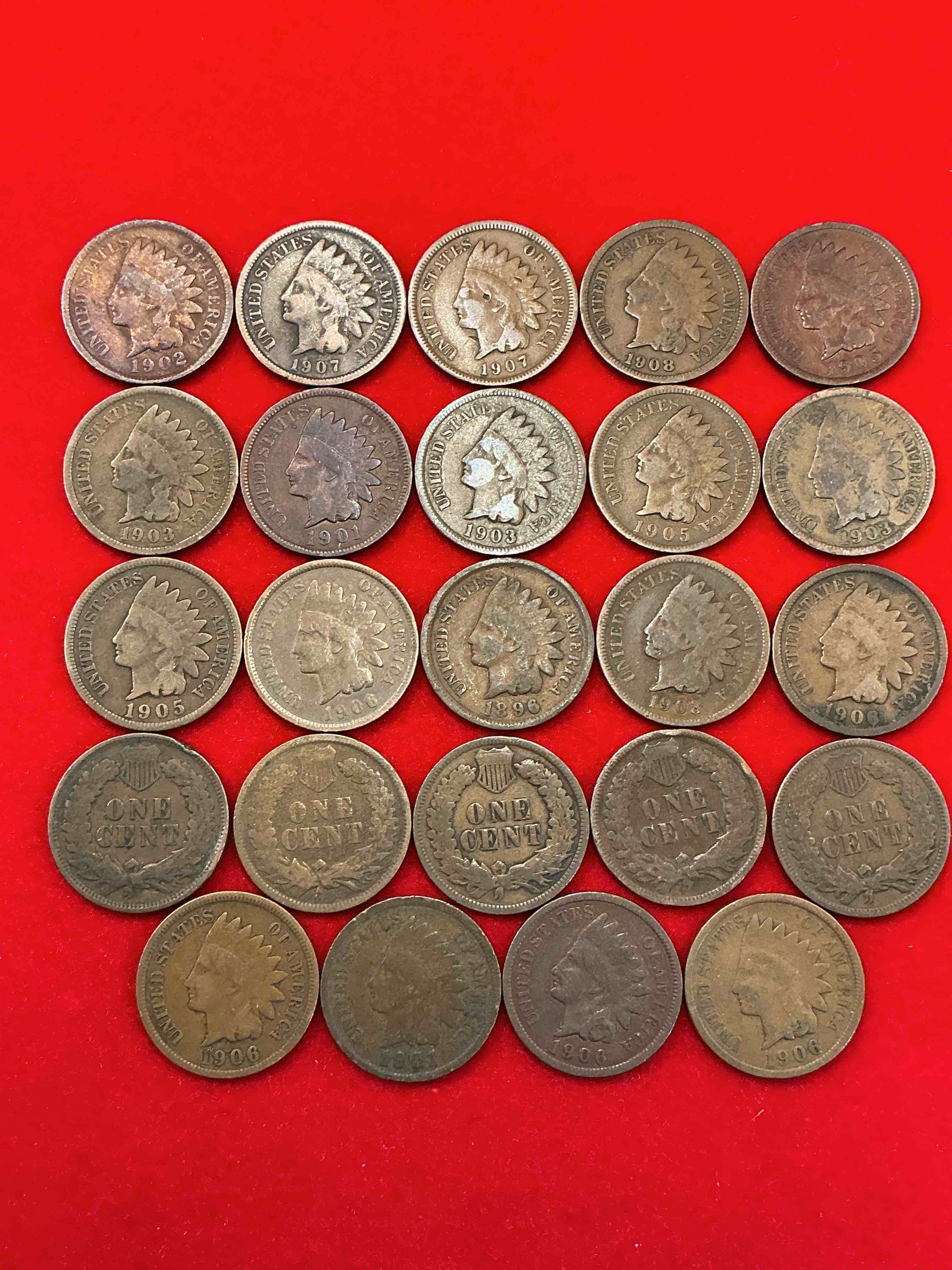 Indian Head Pennies! Lot Of 24 Date-On Beauties!  These Gorgeous U.S. Pennies Were Minted From 1859-1909 & Have Become Serious Collector Items! The "Indian Head" Design Is Actually A Representation Of Lady Liberty Wearing An Indian Headdress. This 24 Count Lot Are Beautiful, Well-Kept Examples Representing Many Different Mint Years! Great For Collecting, Investing & Learning History, & Rare With Visible Dates!