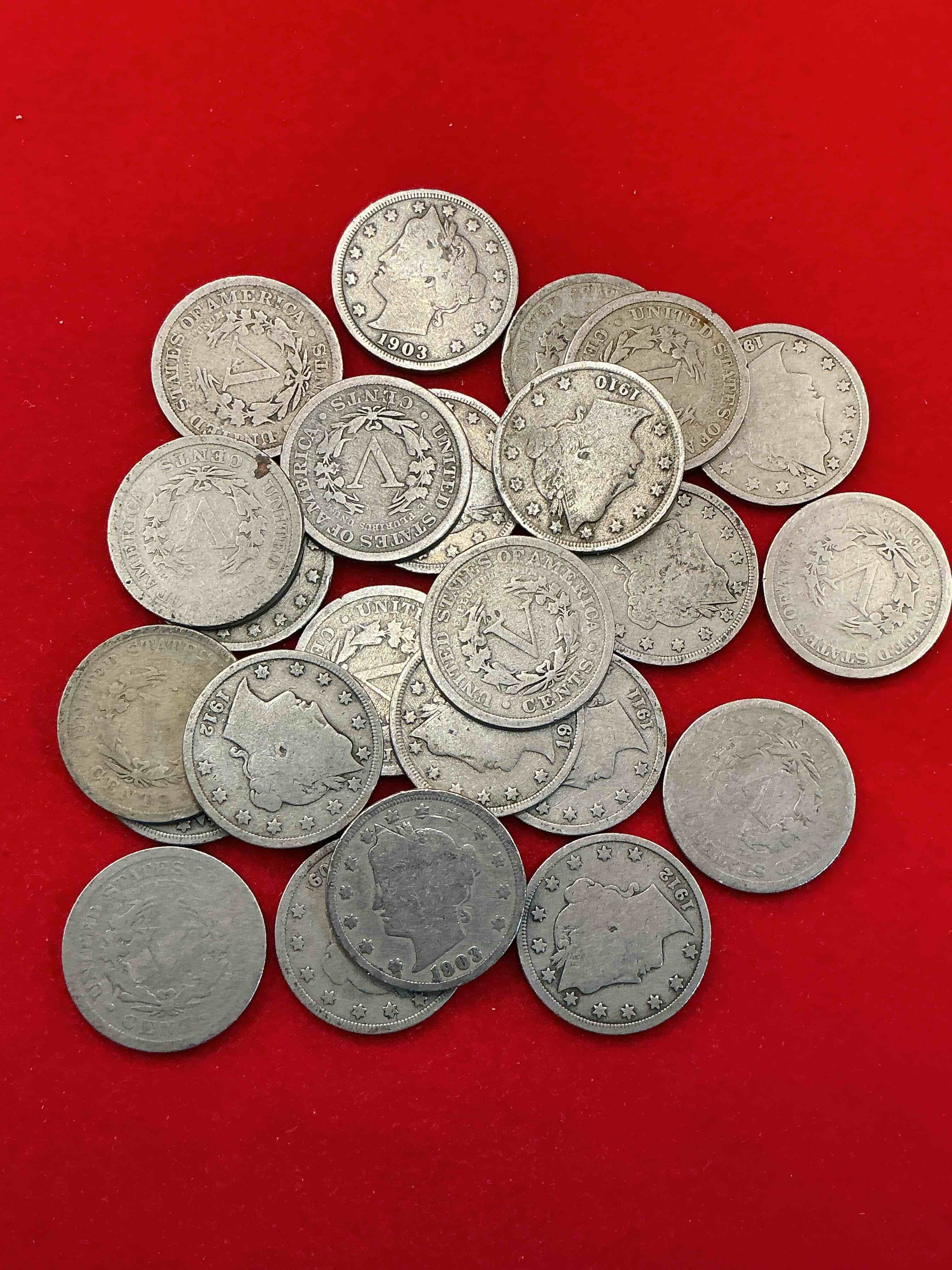 Antique U.S. Liberty Head “V” Nickels!  Date On!  Lot Of 24 “V” Nickels, Minted From 1883 to 1913, In 1913 They Were Replaced With Buffalo Nickels.  24 Count Lot Lot Has Many Different Key Dates & Coins Generally In Excellent Condition For Age!  Think Of The History These Coins Have Seen!  Own Some Cool Pieces Of History!  Rare To See These Coins With The "Date On" In Circulated Condition!