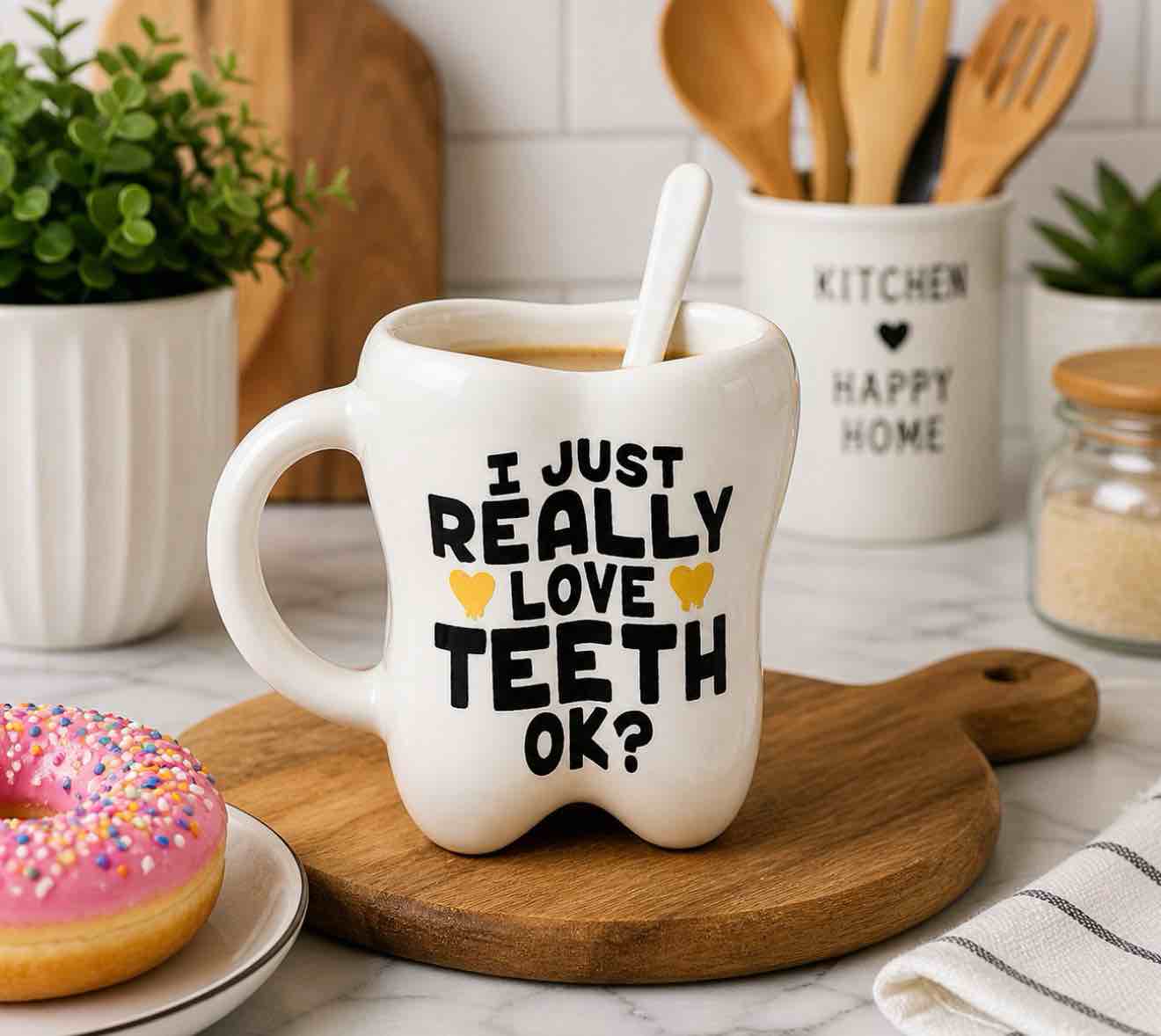 novelty dentist tooth mug & toothbrush holder, included, lid & spoon shaped like an oral mirror, funny unique design, great gift for dentist, dental assistant, orthodontist etc. women & men