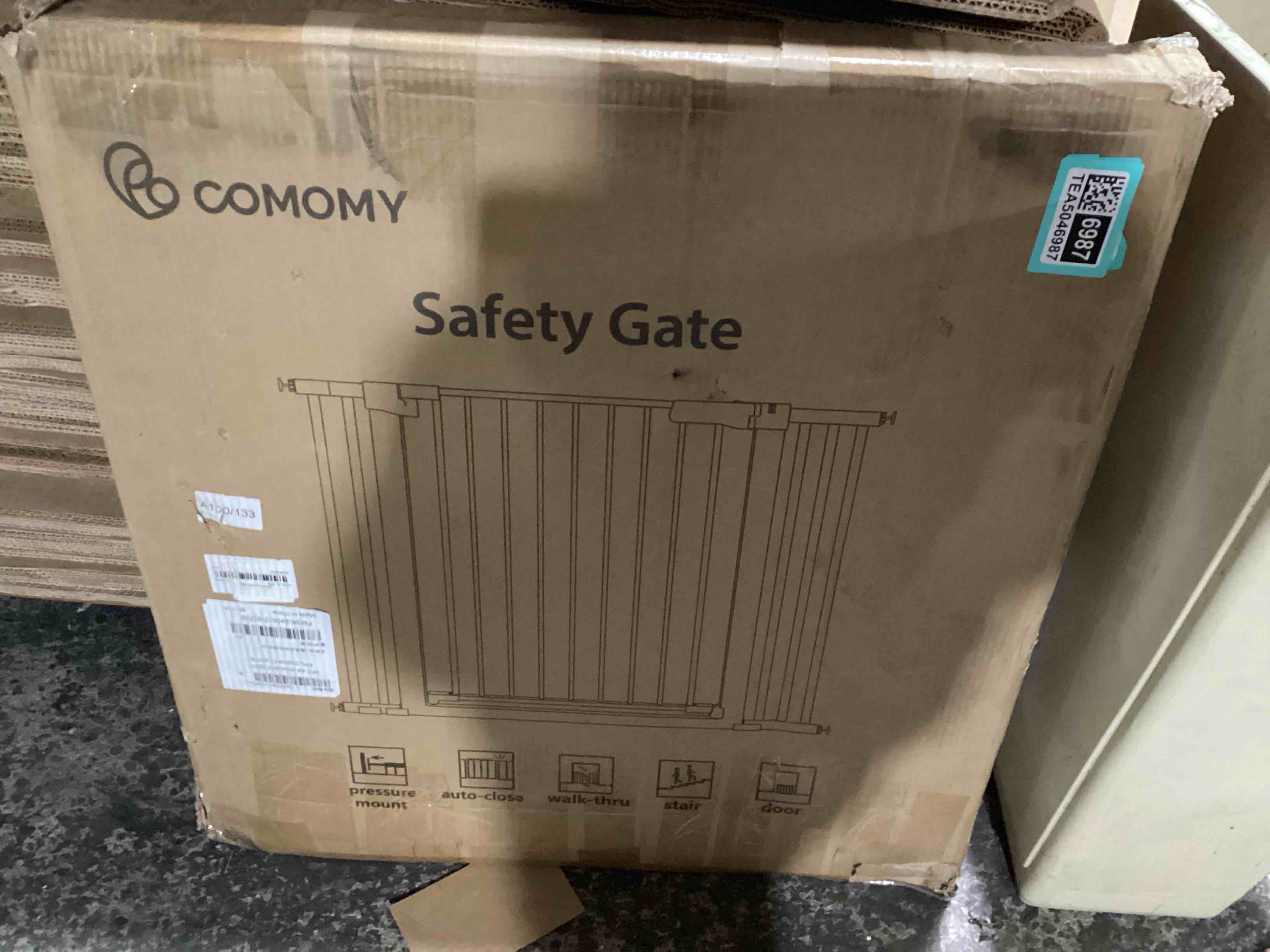 Condition photo showing New/Like New for comomy 36" extra tall baby gate for stairs doorways, fits openings 29.5" to 48.8" wide, auto close extra wide dog gate for house, pressure mounted easy walk through pet gate with door, white