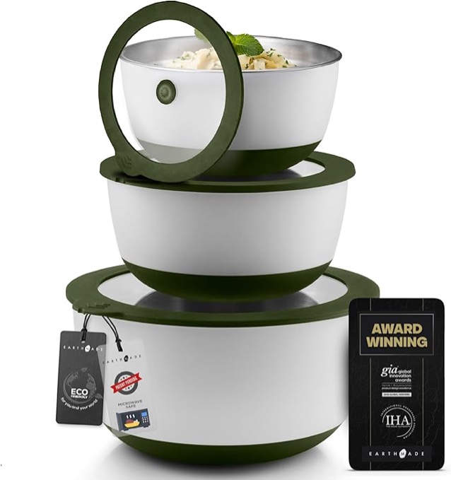 Microwave Stainless Steel Mixing Bowl Set Capacity Measurement Markers and Lids,Avante-Garde 1.5qt-2qt-4.5qt Glass Mixing Bowl Alternative Eco-Friendly