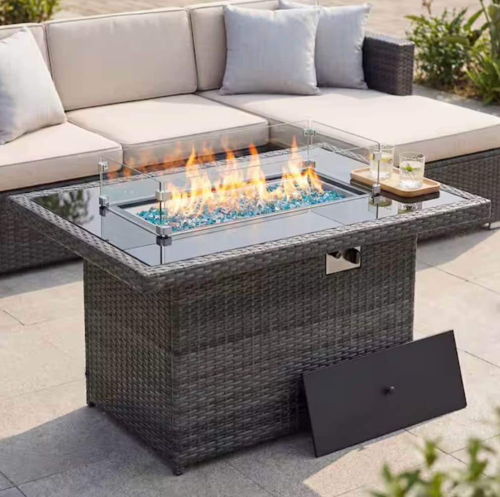 43 in. Rectangular Wicker Patio Gas Fire Pit Table with Glass Top, 60,000 BTU, Propane Ready, NG Convertible, Gray