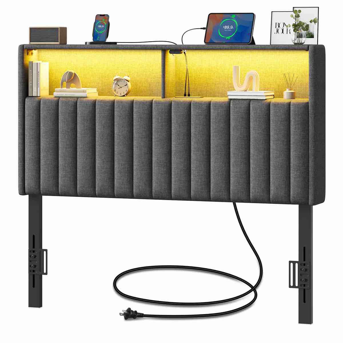 Rolanstar Headboard for Twin Size Bed with Storage, Velvet Upholstered Head Board with USB & Type C Port, 60,000 DIY Color of LED Light, Height Adjustable, Sturdy, Easy Assembly, Grey