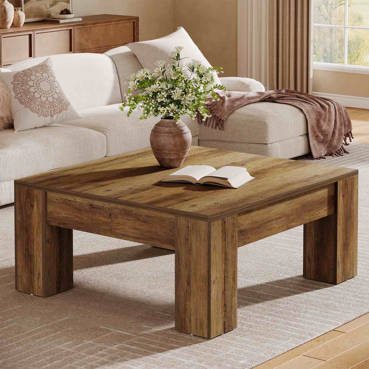 39" Square Coffee Table, Farmhouse Wood Coffee Table with Sturdy Legs