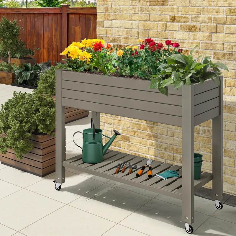 3.6x1.5x2.8ft Resin Raised Garden Bed with Wheels Drain Plug and Storage