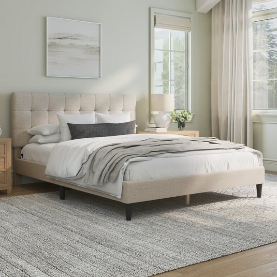 Hillside Square Tufted Upholstered Full Platform Bed, Ivory Fabric