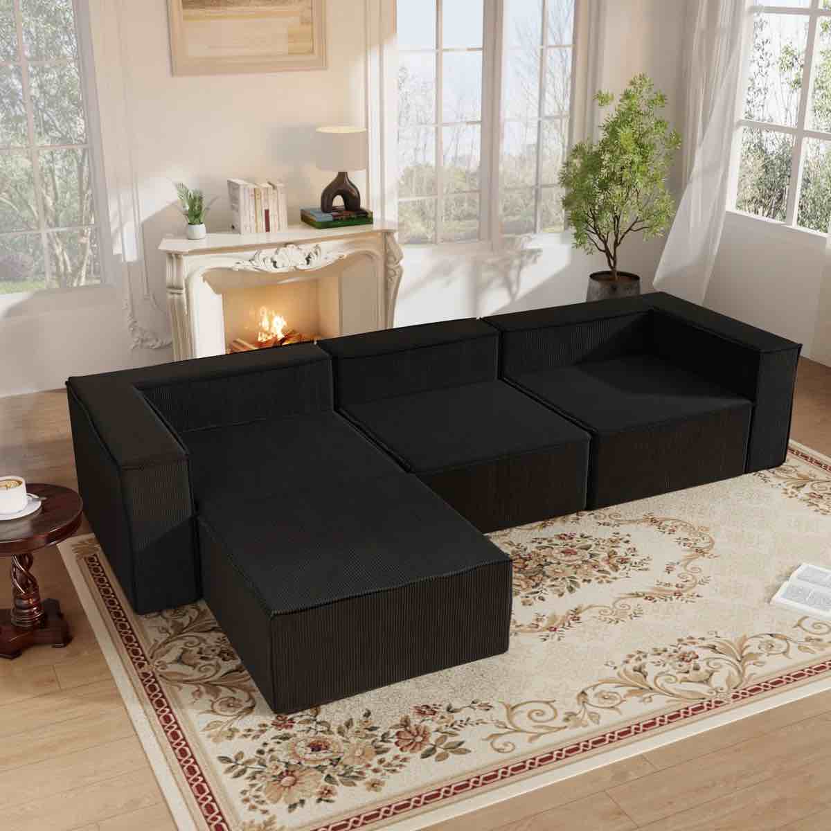 108" Modern Corduroy Combination Compression Couch No Assembly Required With Ottoman