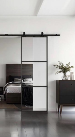 Full-lite Clear Glass Black Metal Frame Double Sliding Barn Door