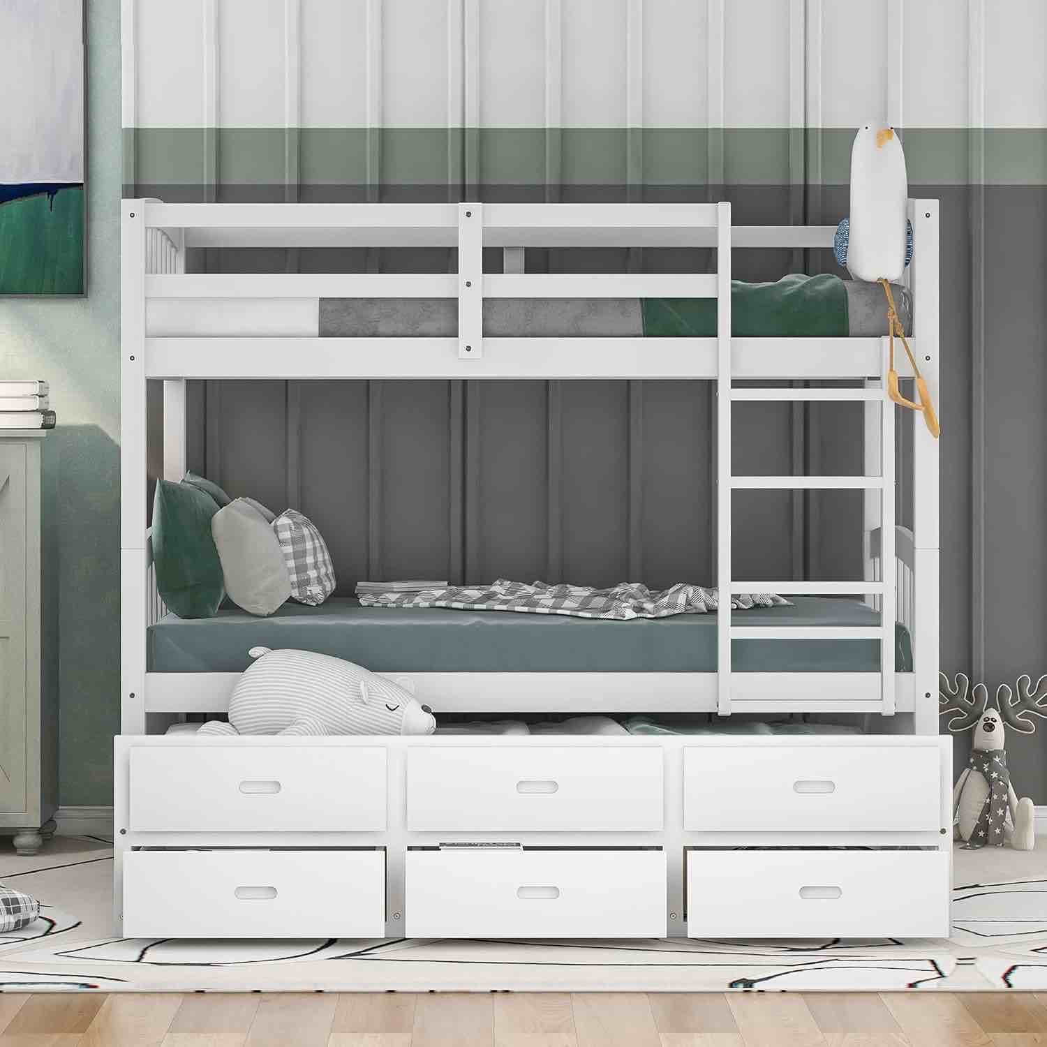 Bunkbeds Twin Over Double,Twin Wood Bunk Bed with Trundle and 3 Storage Drawers, White, 80.7''L x 42.4''W x 65.5''H INCOMPLETE 