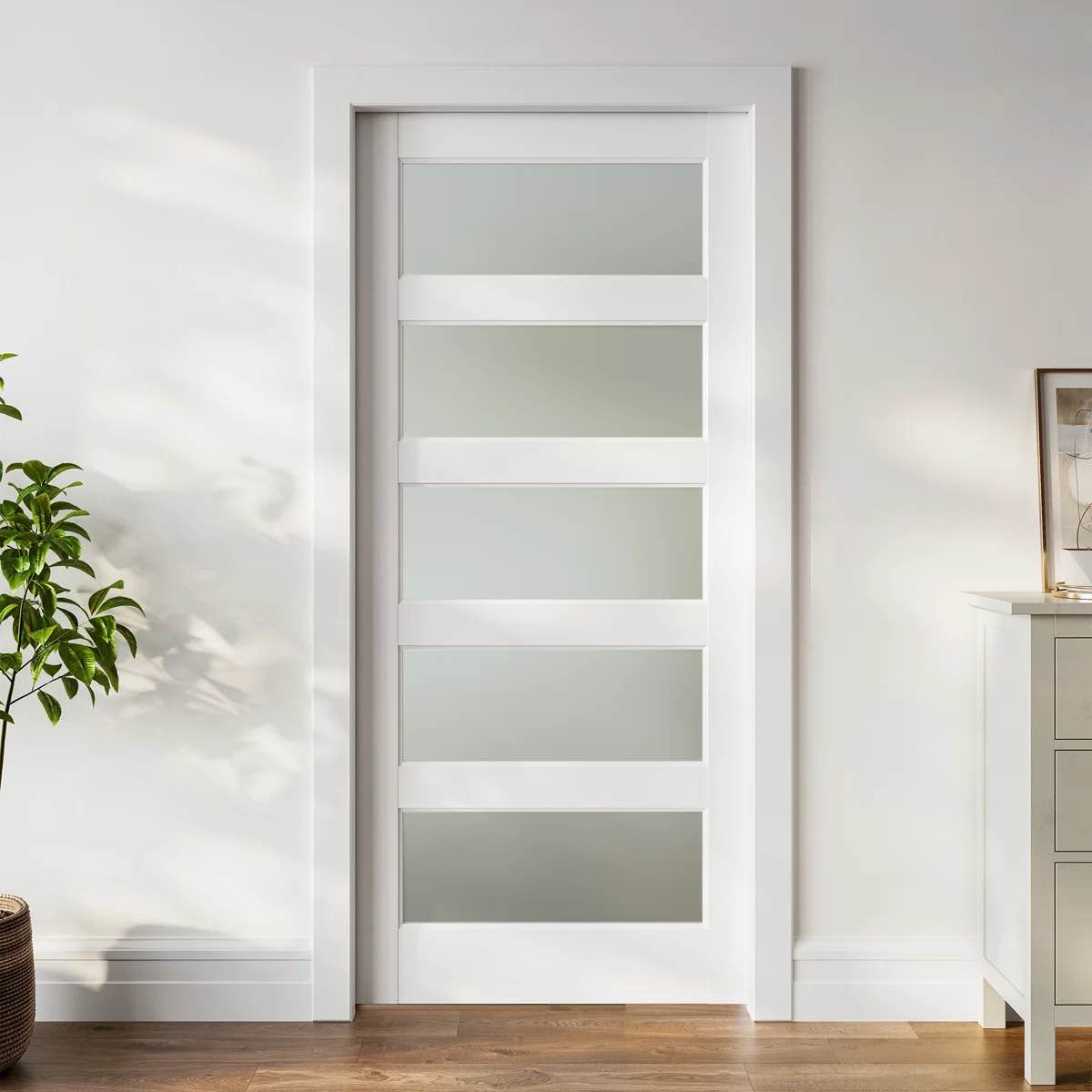 Frosted Glass 5-Lite Sliding Pocket Door White Standard Door with Hardware Kit Set