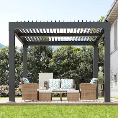10x10 Ft Aluminum Louvered Pergola with Adjustable Roof Reinforced Frame Integrated Drainage Outdoor Gazebo INCOMPLETE 