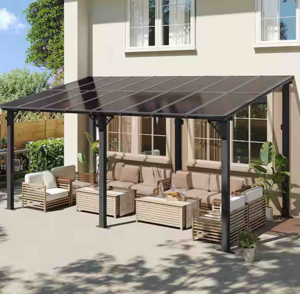 16 ft. x 10 ft. Wall-Mounted Aluminum Gazebo with Polycarbonate Roof Pergola in Black. INCOMPLETE 