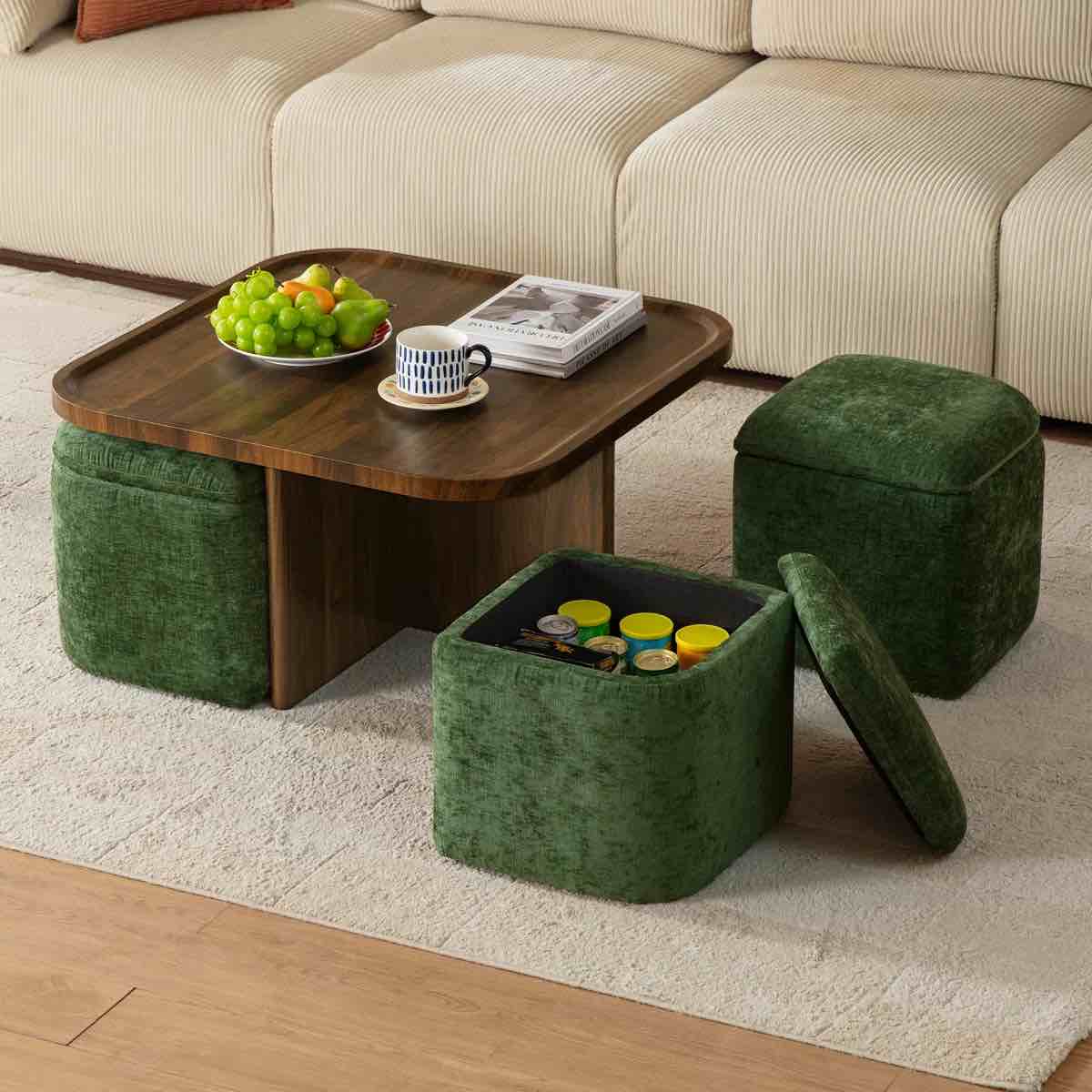 CHIC HOUSE Small Coffee Table for Living Room Table, Wood Coffee Table Set with 4 Storage Stools Underneath, Mid-Century Square Coffee Table with Chenille Storage Ottoman, Walnut & Green