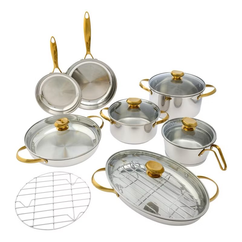 wolfgang puck 14-piece stainless steel cookware set - gold