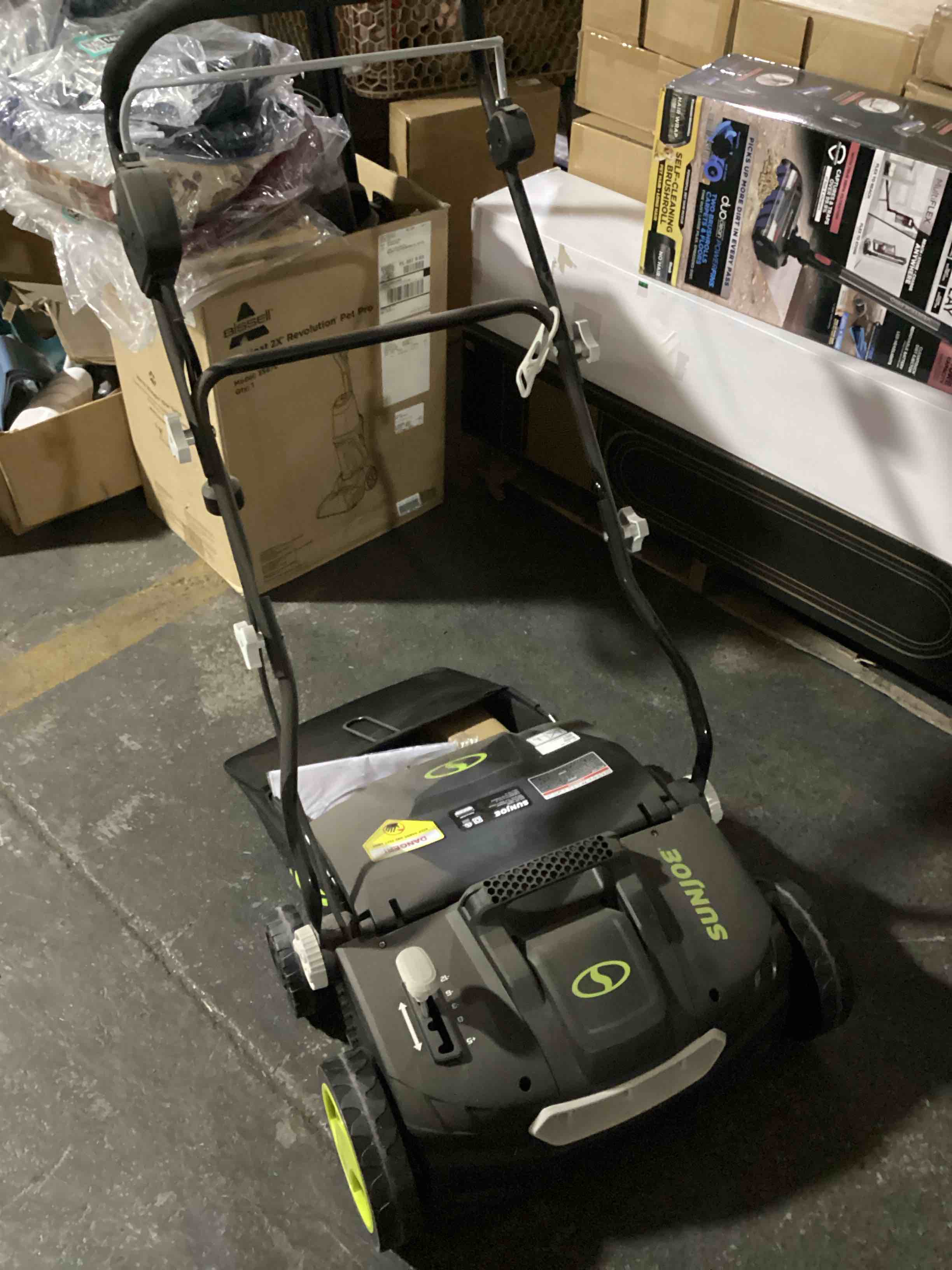 Condition photo showing As Is for sun joe electric lawn dethatcher + scarifier w/ collection bag | 15-inch | 15-amp