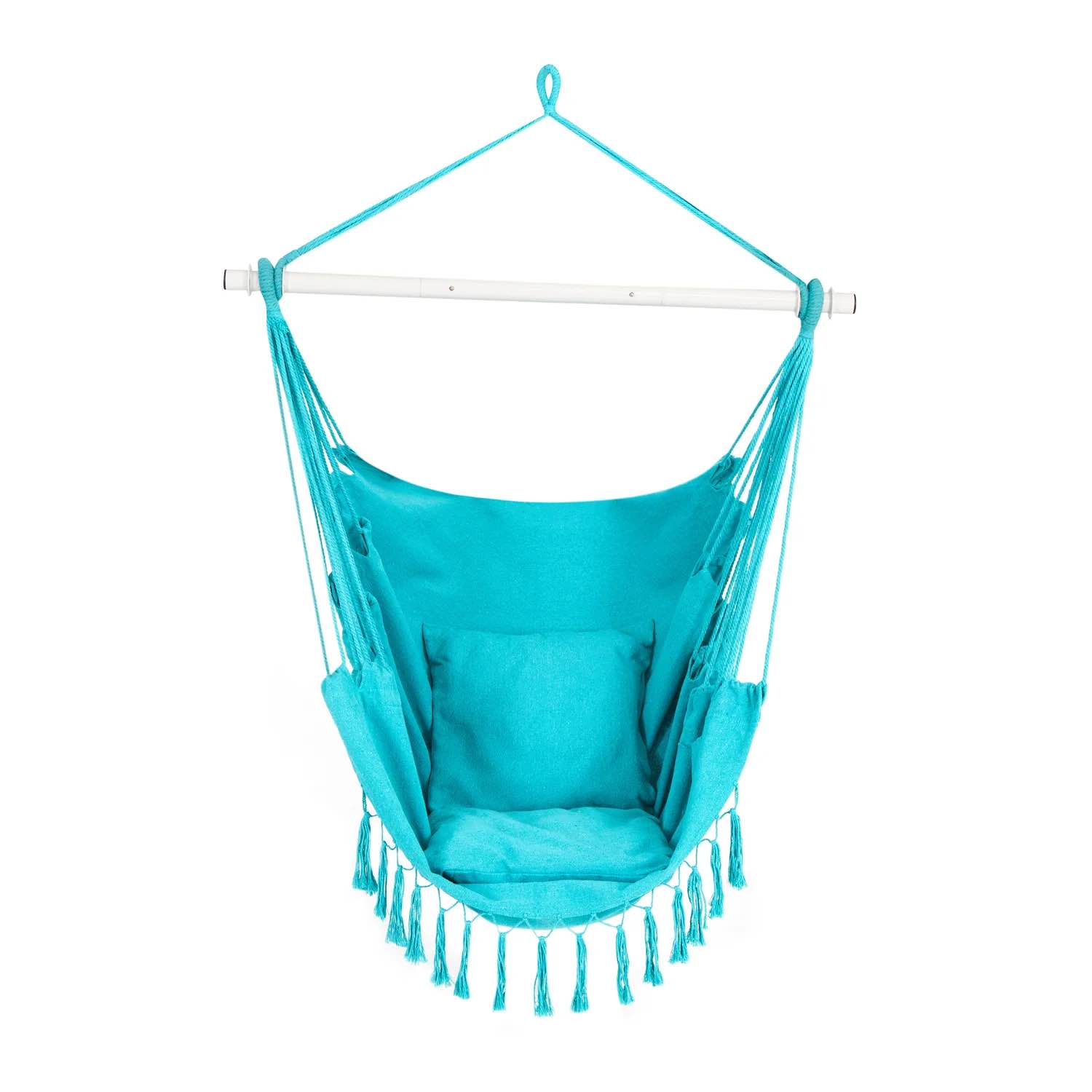bliss hammocks 40" wide fringed hammock chair w/matching pillows, side pocket, steel spreader bar & hanging hardware indoor, cotton & polyester blend 250lbs capacity, light blue