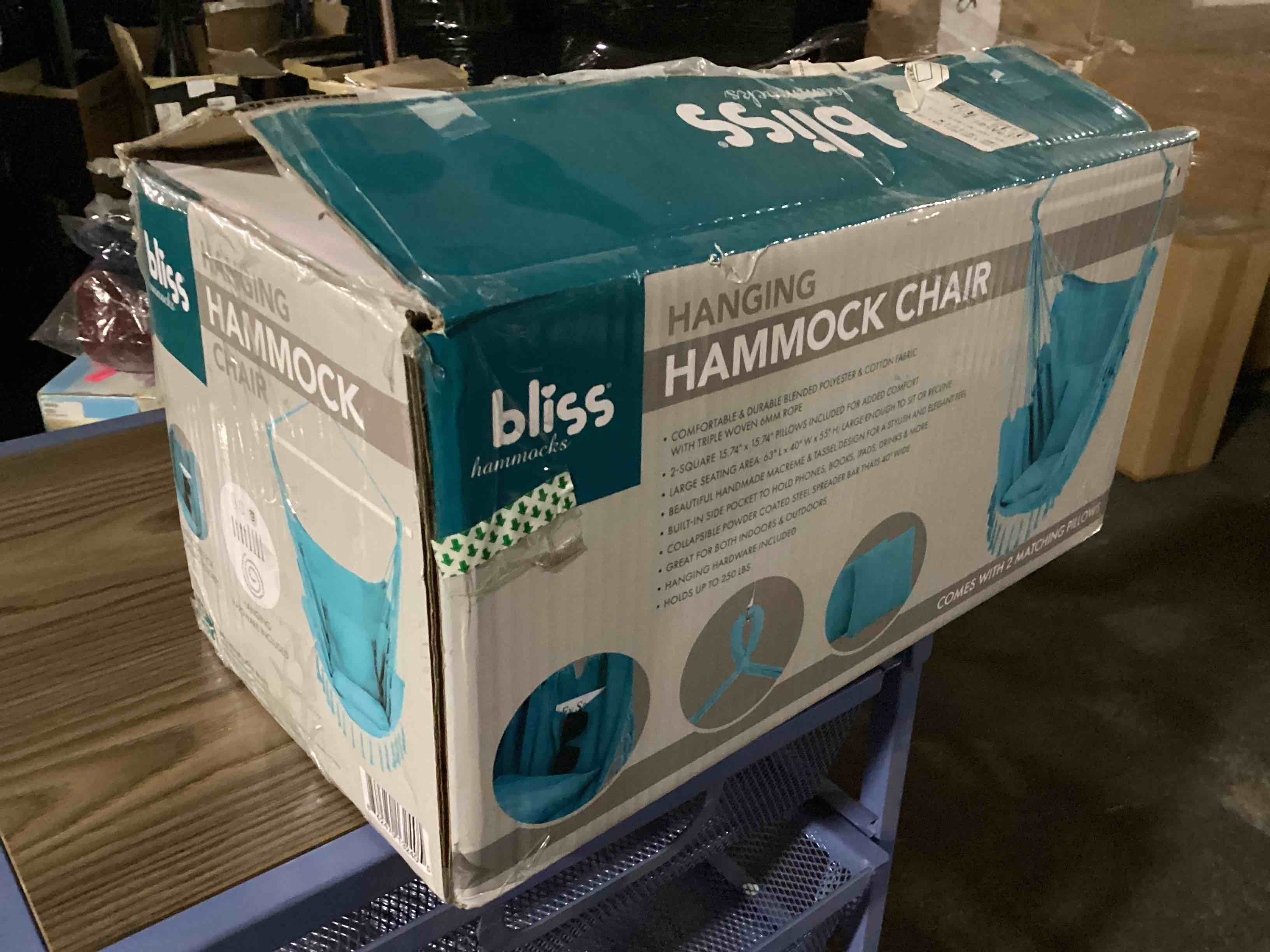 Condition photo showing New/Like New for bliss hammocks 40" wide fringed hammock chair w/matching pillows, side pocket, steel spreader bar & hanging hardware indoor, cotton & polyester blend 250lbs capacity, light blue