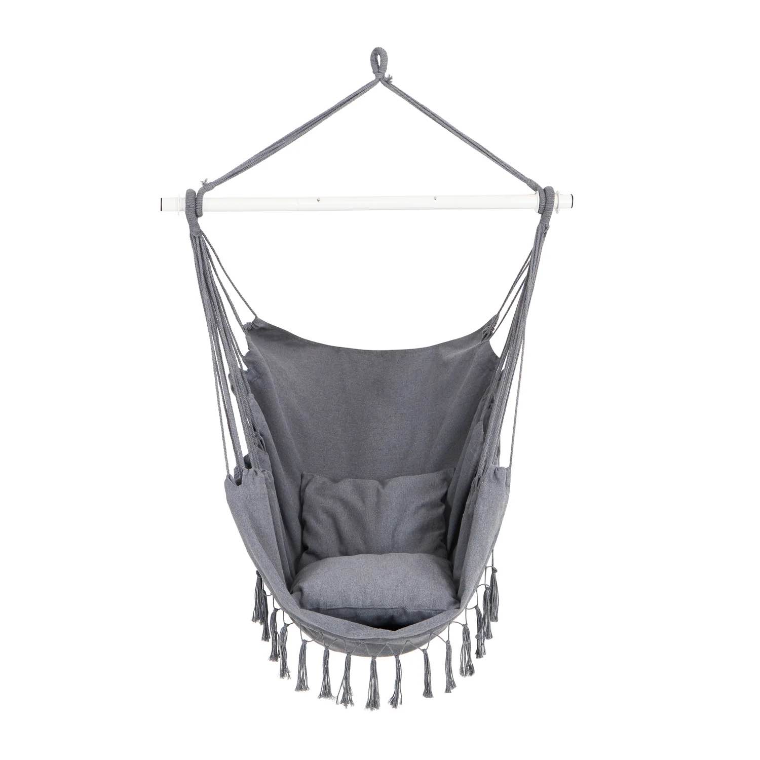 bliss hammocks 40" wide fringed hammock chair w/matching pillows, side pocket, steel spreader bar & hanging hardware indoor, cotton & polyester blend 250lbs capacity, gray