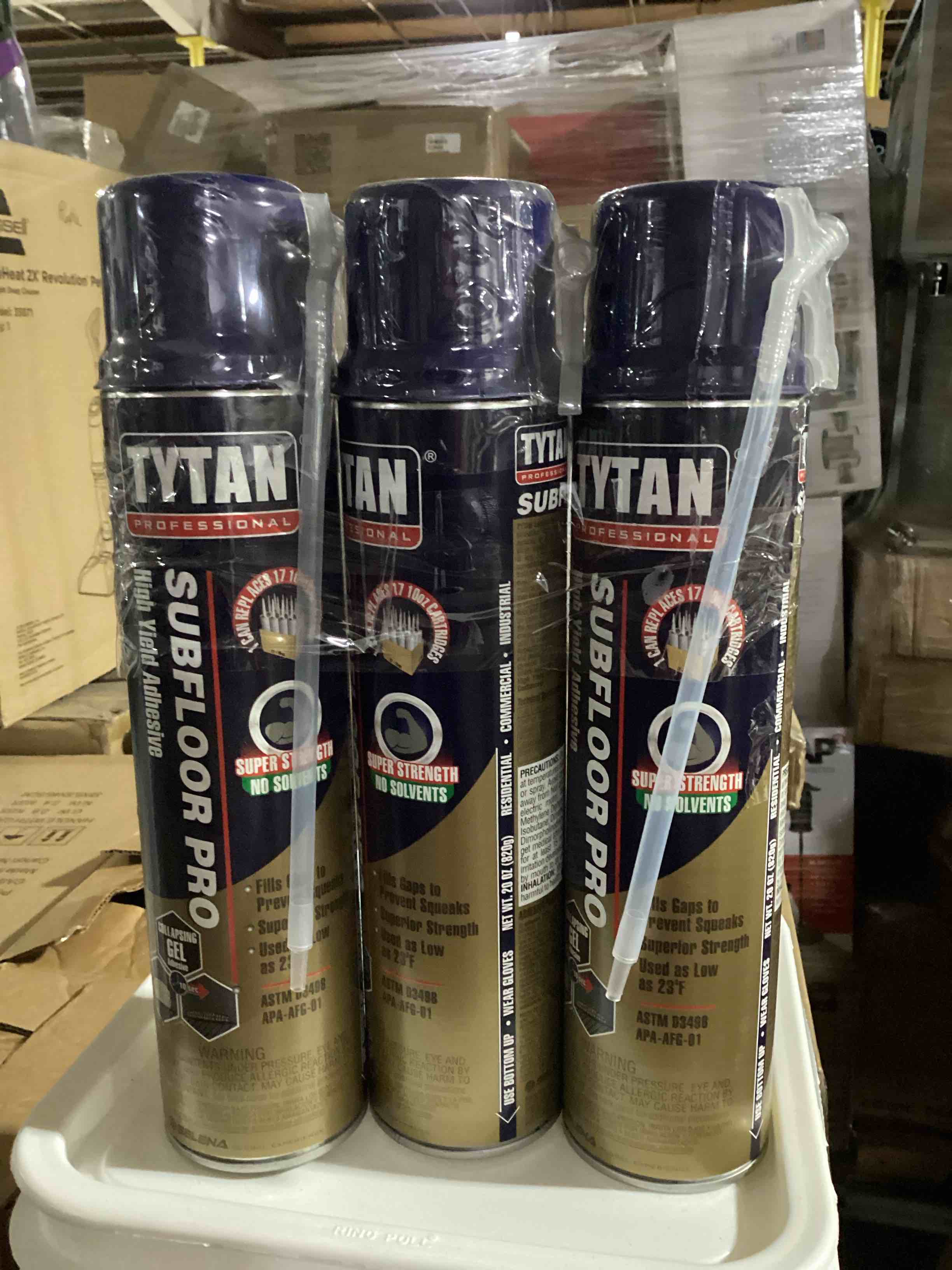 Condition photo showing New/Like New for pack of 3 tytan professional 00162-hya subfloor pro high yield adhesive, 20 oz. straw, amber, can 
