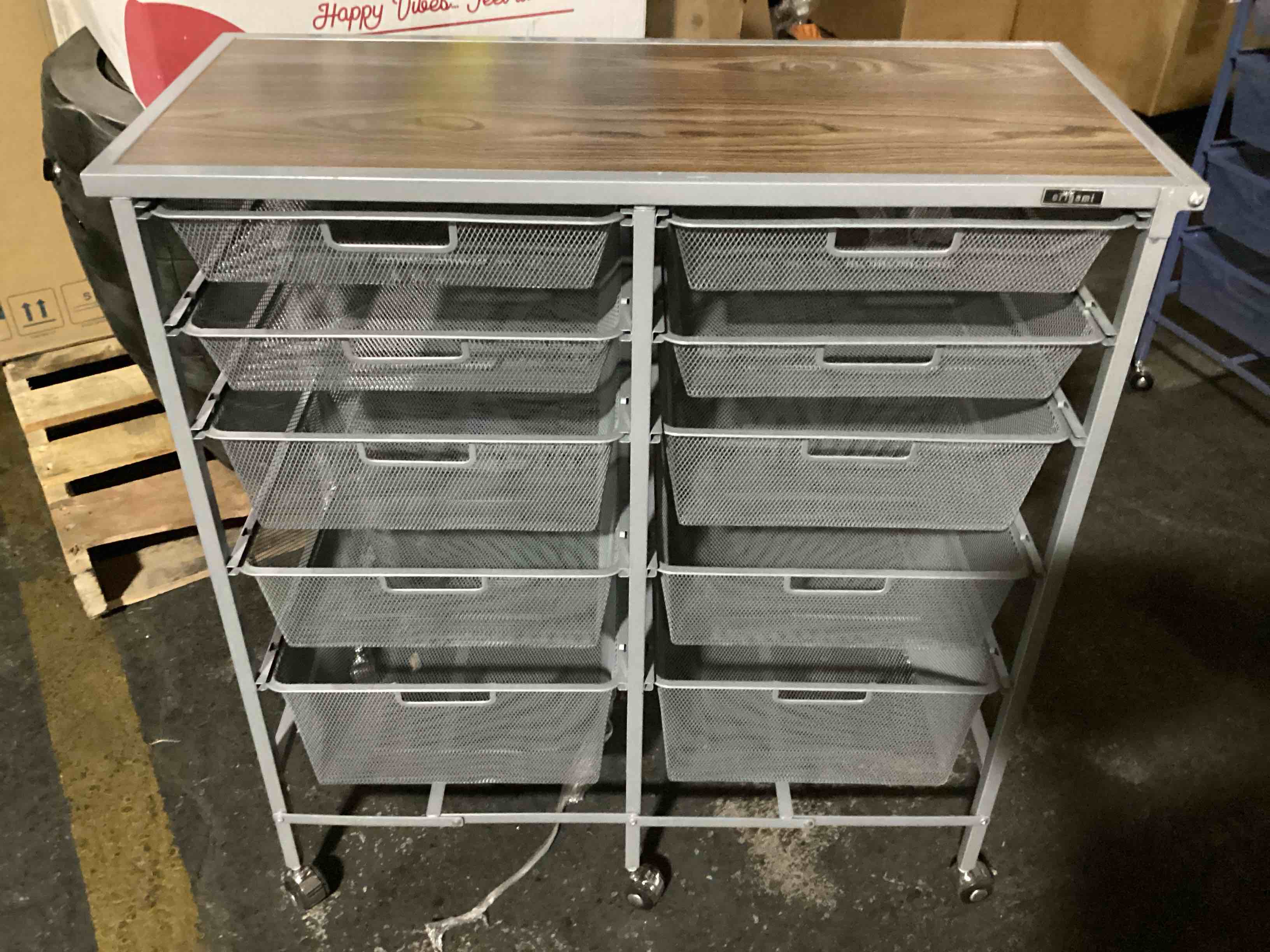 Condition photo showing Good Condition for origami 10-drawer rolling cart with wood top - platinum