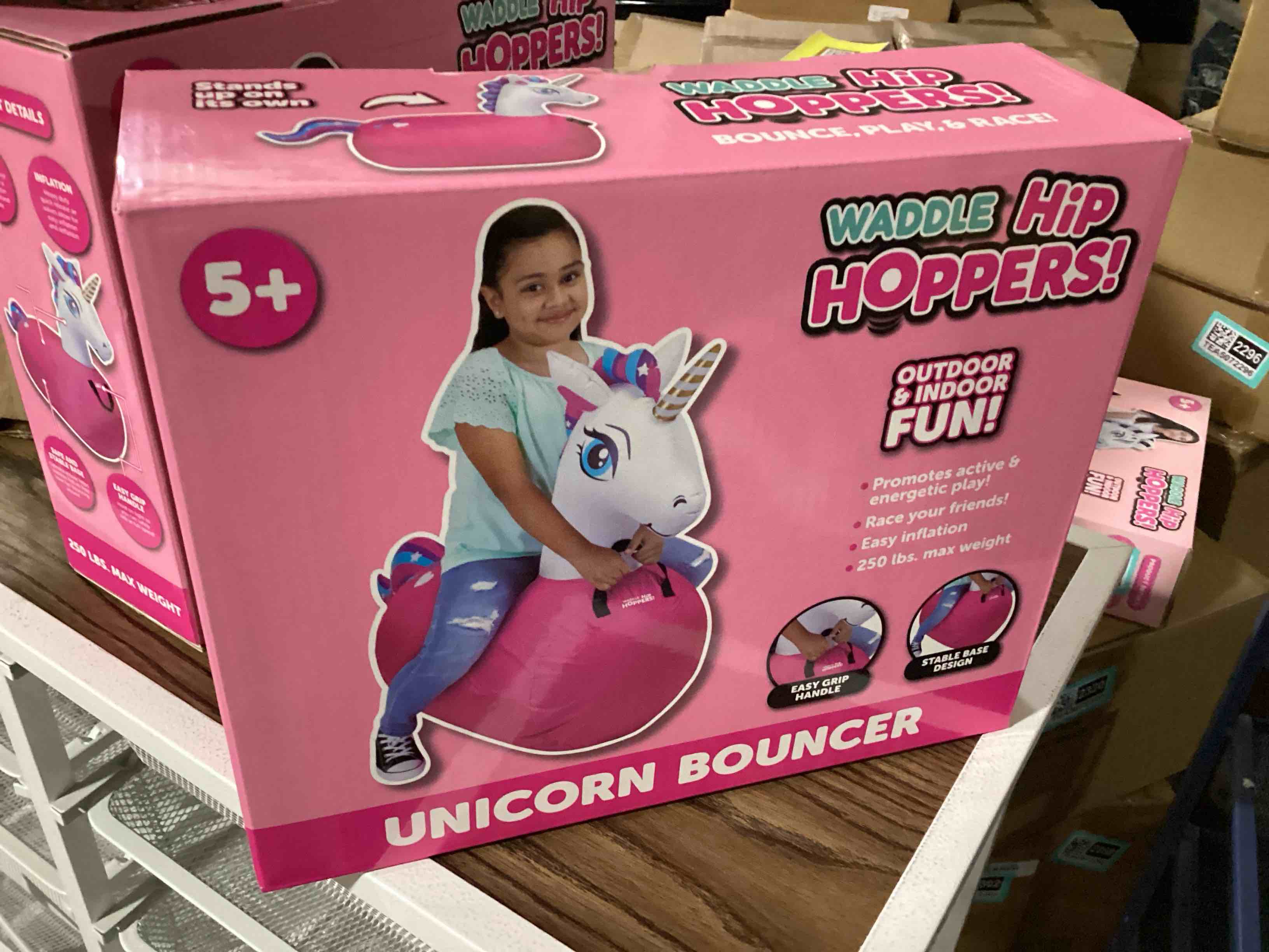 Condition photo showing New/Like New for waddle large inflatable bouncy hopper - ride on, indoor, outdoor toys, bouncy horse, toys for girls and boys, durable, unicorn toys for girls, kids, adult toys, up to 250lbs, ages 5 and up (unicorn)