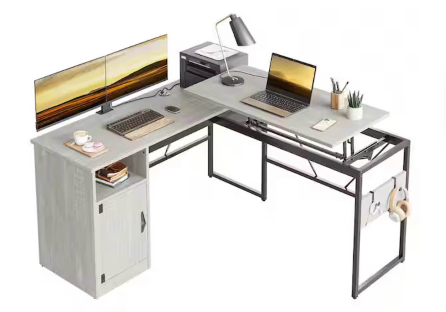 60 in. Wash White Reversible L-Shaped Computer Desk With Lift-Top and Cabinet 