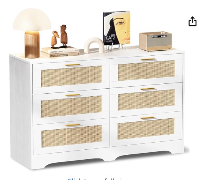 Redlife White Rattan Dresser for Bedroom, 6 Drawer Dresser with Golden Handles, Wood Storage Chest of Drawers for Closet, Living Room, Hallway and Entryway - Easy Assembly