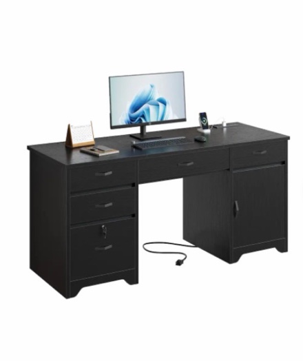Bestier - 59-inch Office Desk with Charging station, File Drawers & Cabinets for Study & Bedroom - Black