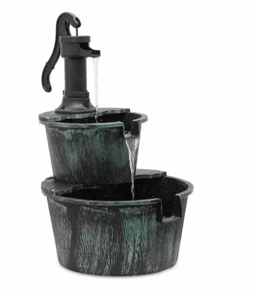 Green Polypropylene Outdoor 11 L 2-Tiered Fountain Barrel Garden Waterfall with Electric Pump