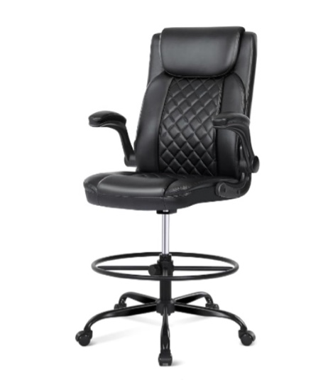 Misolant Drafting Chair with Footrest Ring, Tall Office Chair for Standing Desk, PU Faux Leather Bar Counter Height Chairs with Adjustable Height, 360° Swivel Wheels for Garage Office, Black