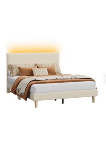 Bestier - Queen Size Upholstered Bed Frame with LED Lights, Adjustable Headboard - Off White