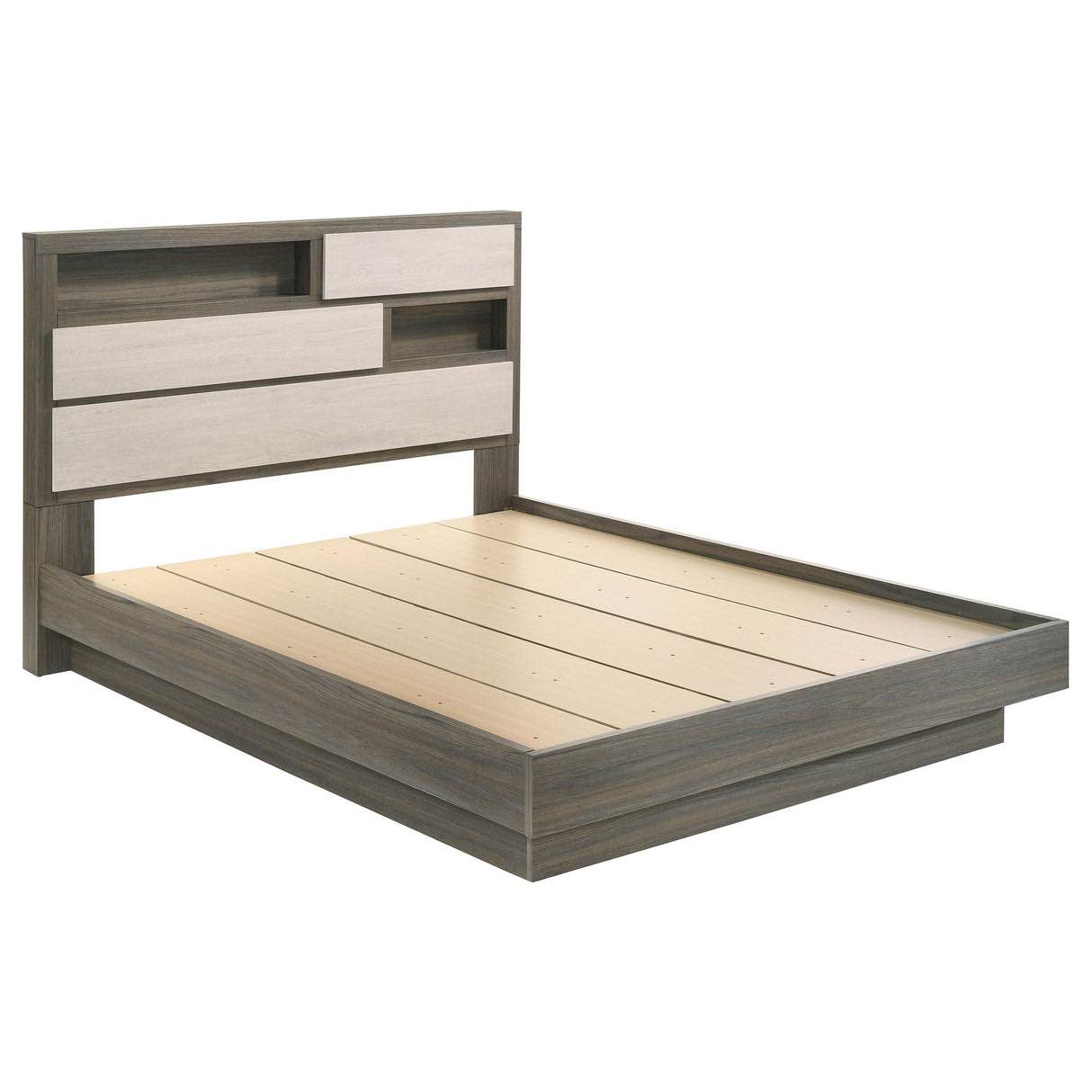((incomplete box 1/3)) Fenwick Gray Oak Eastern King Bed Bookcase Headboard