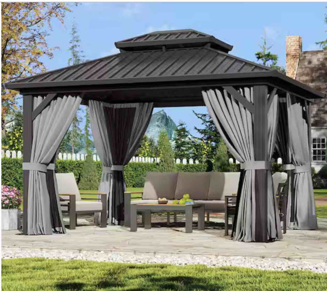 ((incomplete box 1/2)) 12 ft. x 10 ft. Steel Frame Double Metal Roof Gazebo with Hooks, Curtains, and Netting