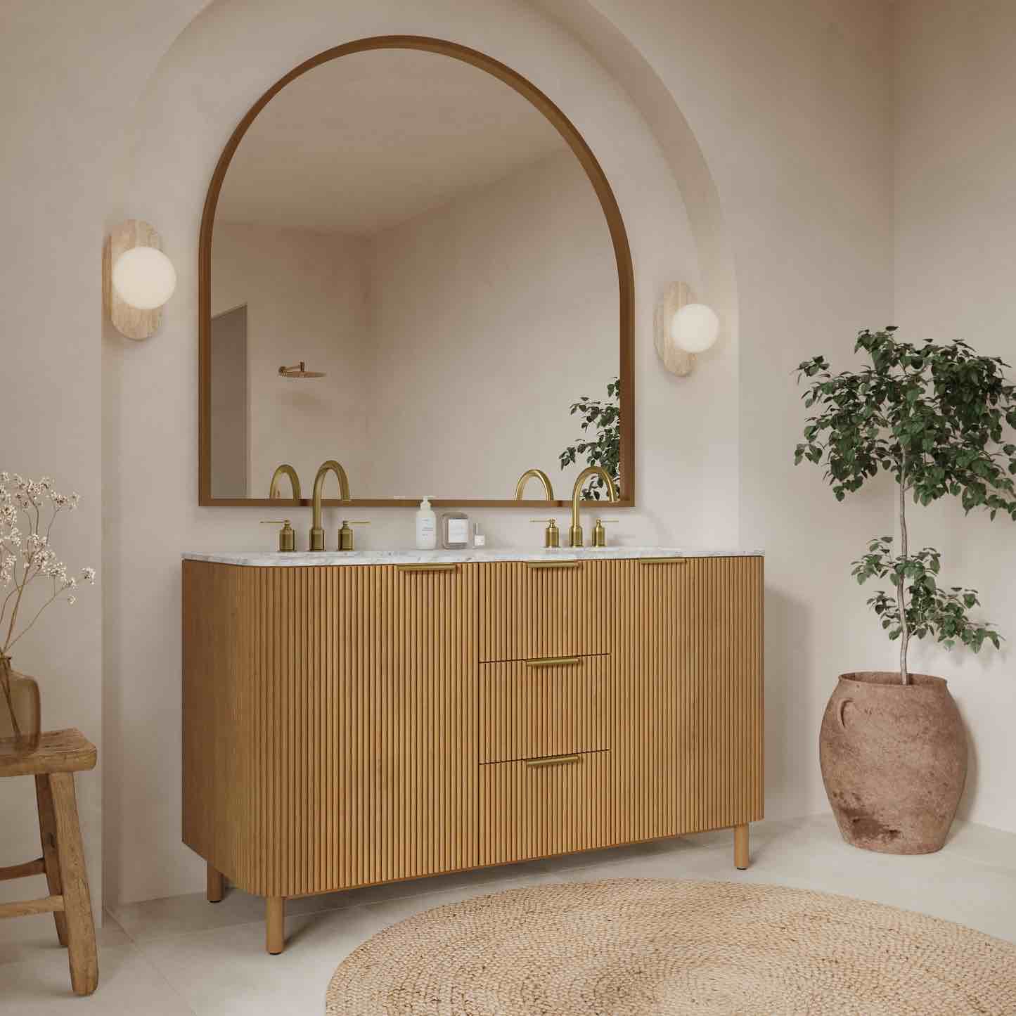 Havana 60" Double Bathroom Vanity in Reeded Birch | Carrara Marble Countertop
