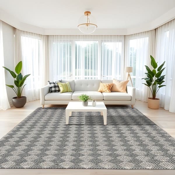 Hand Woven Ivory/Grey Argyle Pattern Bubble Loop Pile Weave Wool Rug 2”X3” 