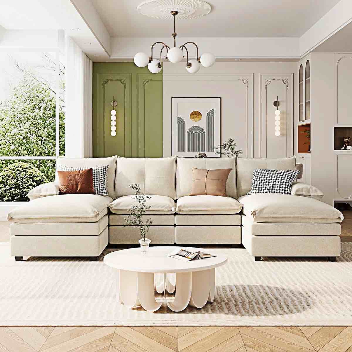 (incomplete box 2 of 3 ))U- Shaped sectional sofa with Adjustable Armrest pillows 