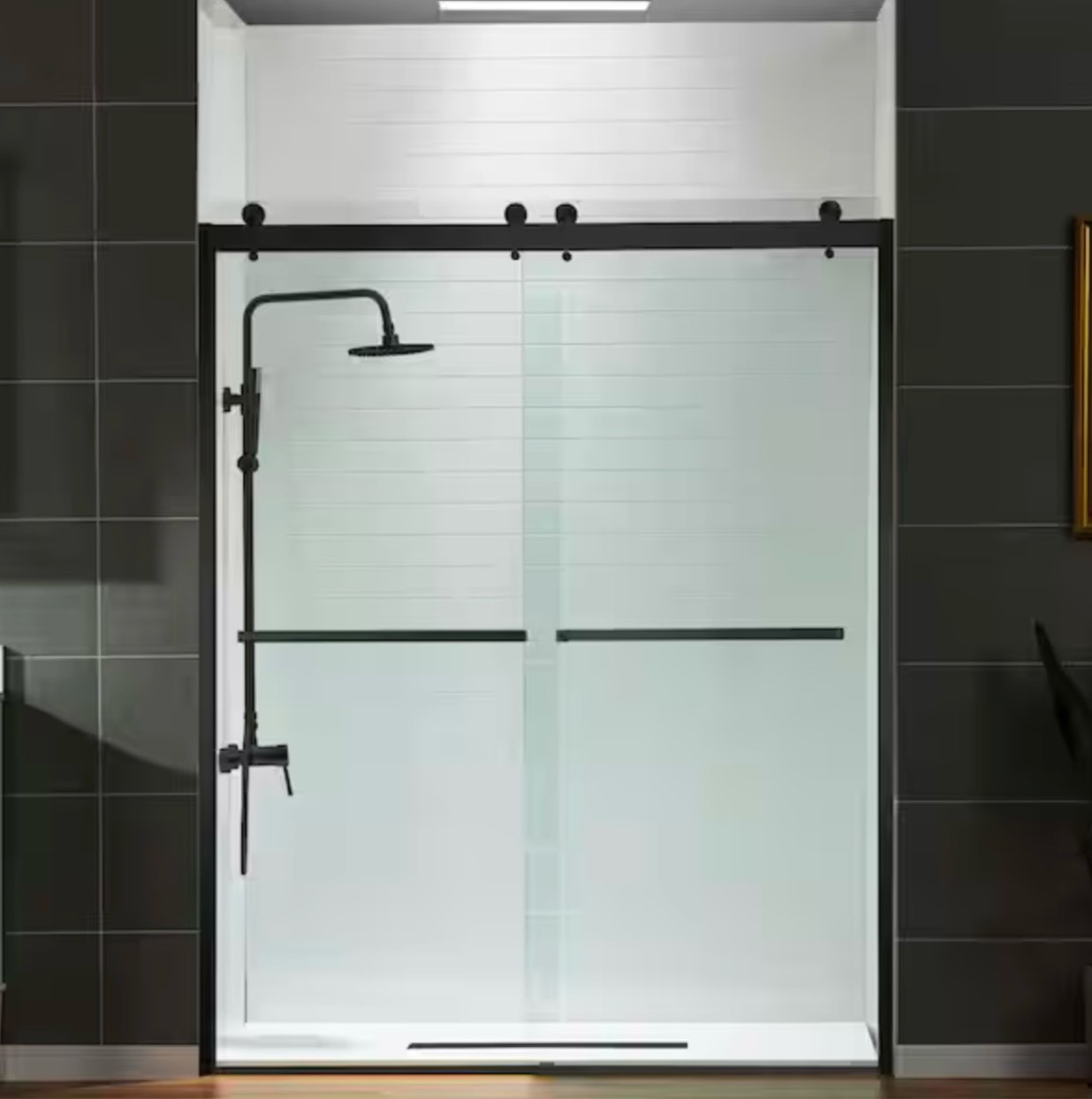 60 in. w x 76 in. h double sliding frameless shower door in matte black with 3/8 in. (10 mm) clear tempered glass